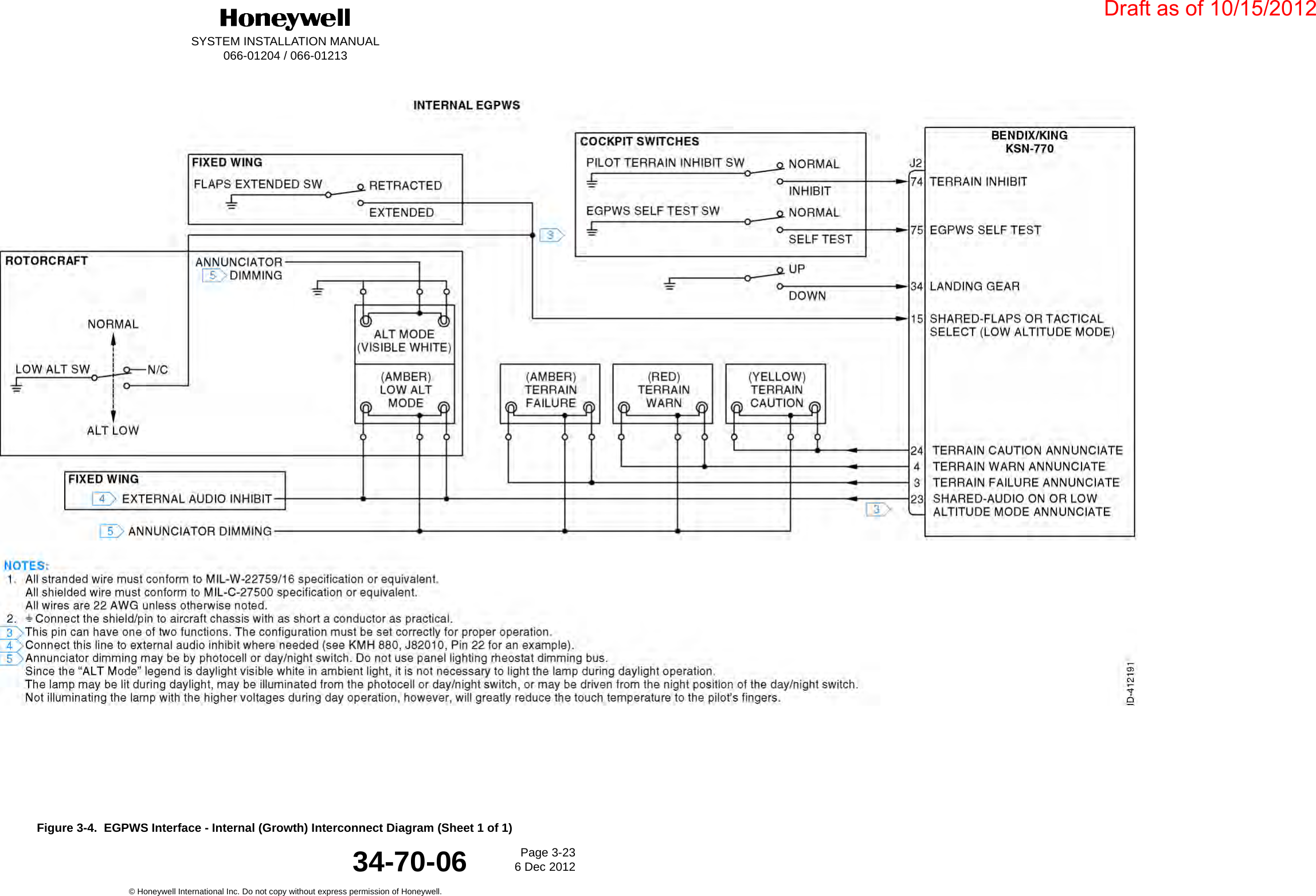 DraftSYSTEM INSTALLATION MANUAL066-01204 / 066-01213Page 3-236 Dec 2012© Honeywell International Inc. Do not copy without express permission of Honeywell.34-70-06Figure 3-4.  EGPWS Interface - Internal (Growth) Interconnect Diagram (Sheet 1 of 1)Draft as of 10/15/2012