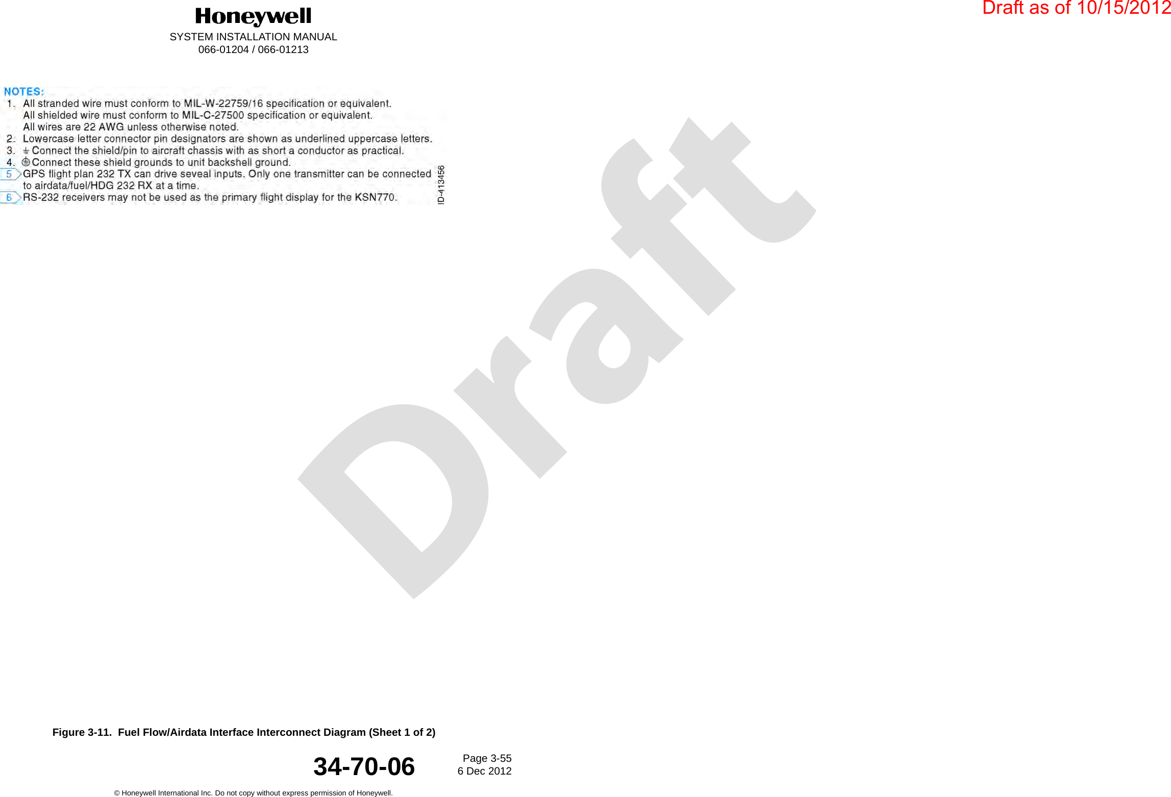 DraftSYSTEM INSTALLATION MANUAL066-01204 / 066-01213Page 3-556 Dec 2012© Honeywell International Inc. Do not copy without express permission of Honeywell.34-70-06Figure 3-11.  Fuel Flow/Airdata Interface Interconnect Diagram (Sheet 1 of 2)Draft as of 10/15/2012