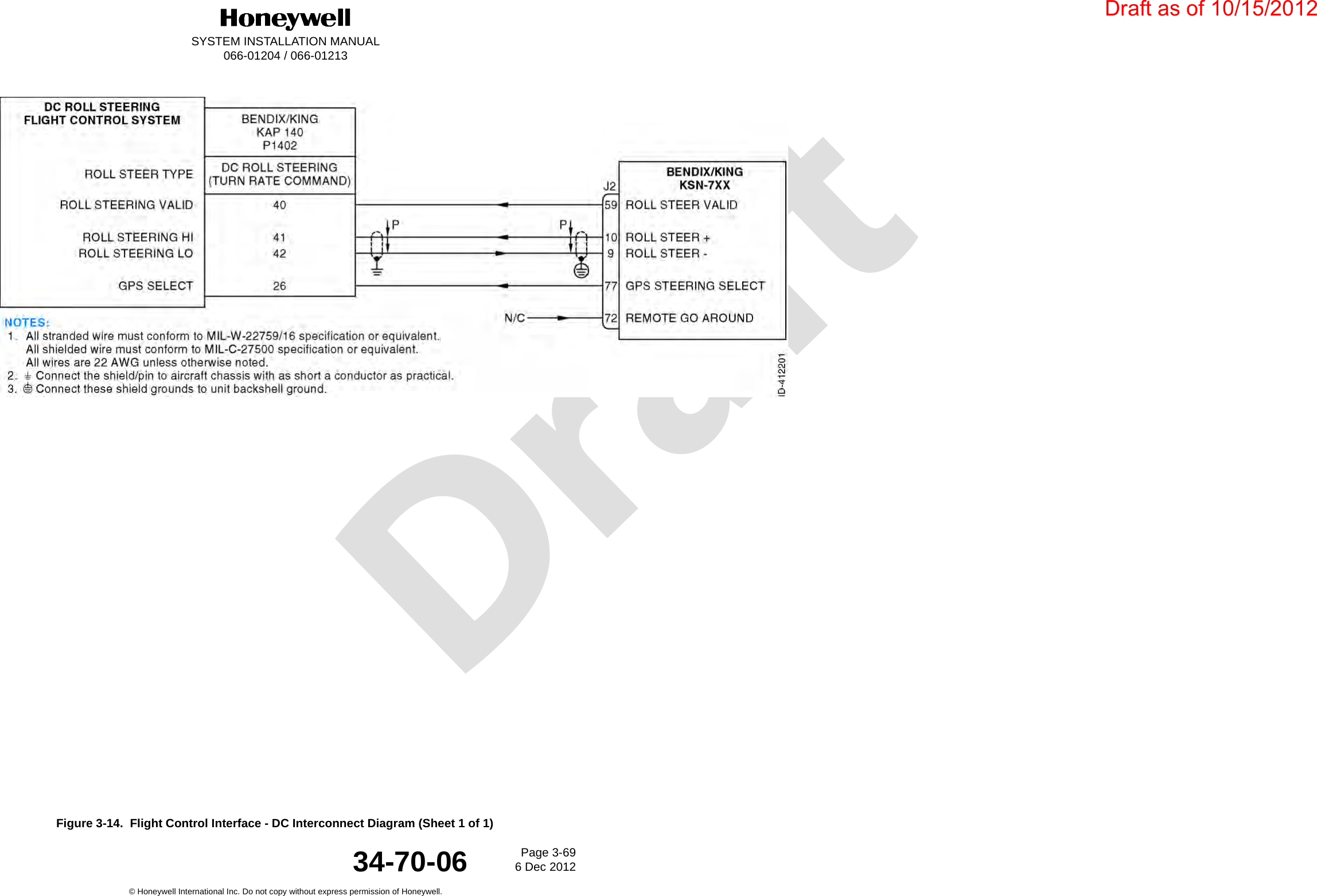 DraftSYSTEM INSTALLATION MANUAL066-01204 / 066-01213Page 3-696 Dec 2012© Honeywell International Inc. Do not copy without express permission of Honeywell.34-70-06Figure 3-14.  Flight Control Interface - DC Interconnect Diagram (Sheet 1 of 1)Draft as of 10/15/2012