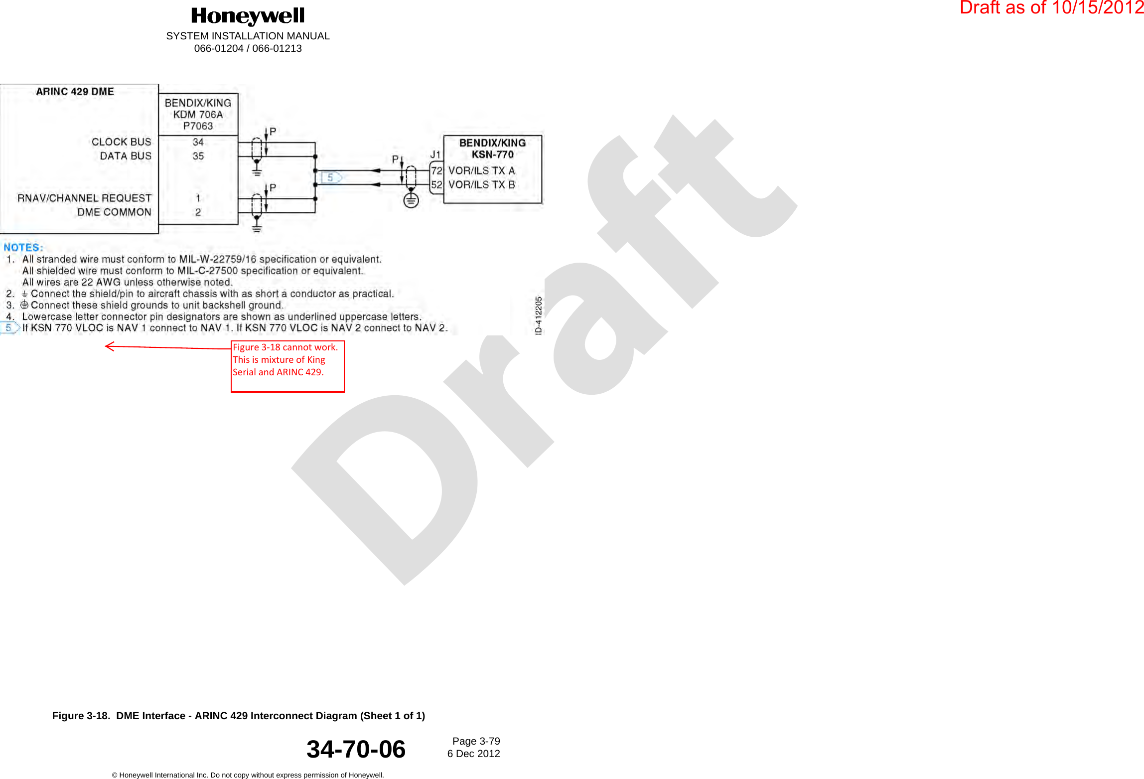 DraftSYSTEM INSTALLATION MANUAL066-01204 / 066-01213Page 3-796 Dec 2012© Honeywell International Inc. Do not copy without express permission of Honeywell.34-70-06Figure 3-18.  DME Interface - ARINC 429 Interconnect Diagram (Sheet 1 of 1)Draft as of 10/15/2012Figure 3-18 cannot work.  This is mixture of King Serial and ARINC 429. 