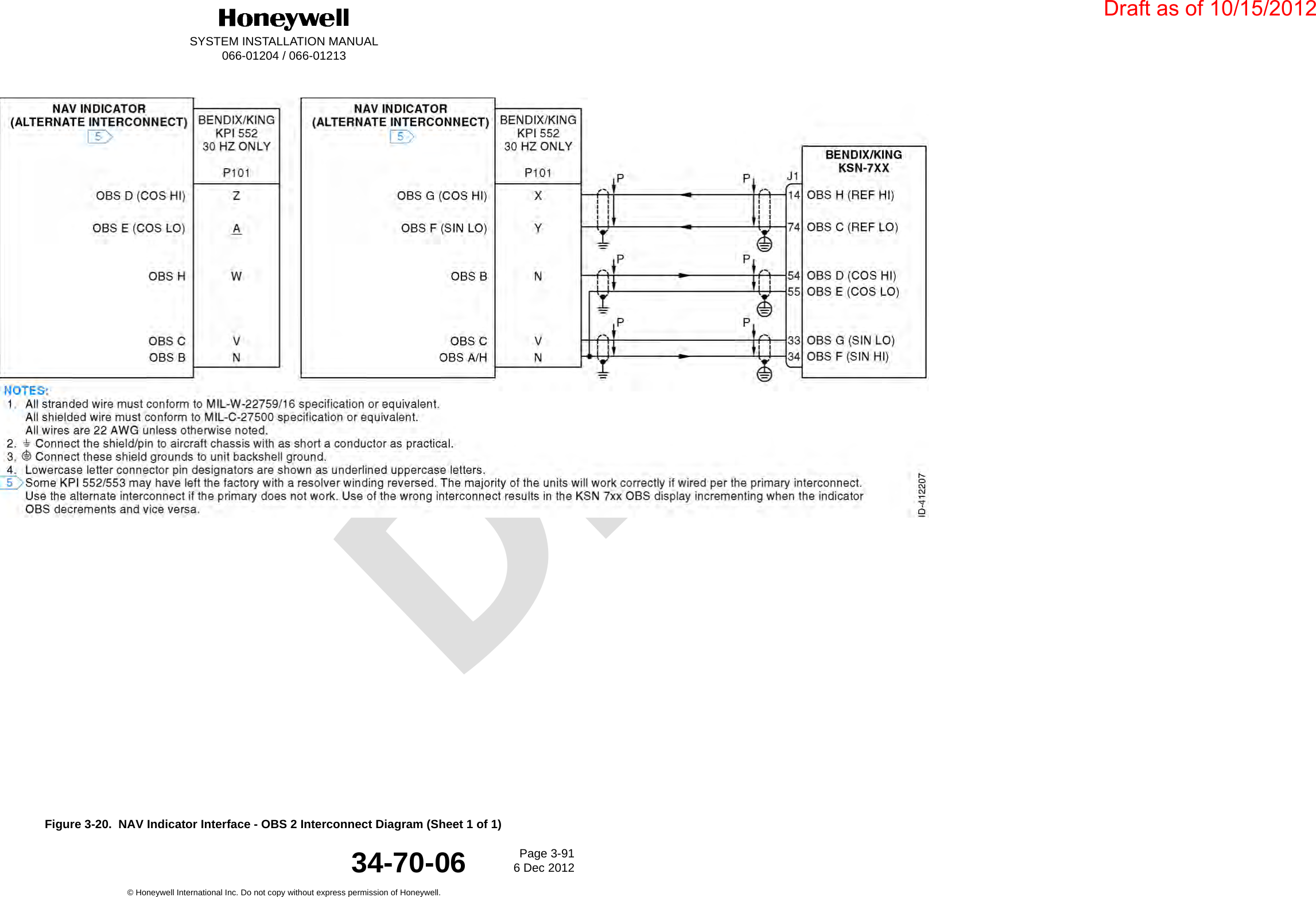 DraftSYSTEM INSTALLATION MANUAL066-01204 / 066-01213Page 3-916 Dec 2012© Honeywell International Inc. Do not copy without express permission of Honeywell.34-70-06Figure 3-20.  NAV Indicator Interface - OBS 2 Interconnect Diagram (Sheet 1 of 1)Draft as of 10/15/2012