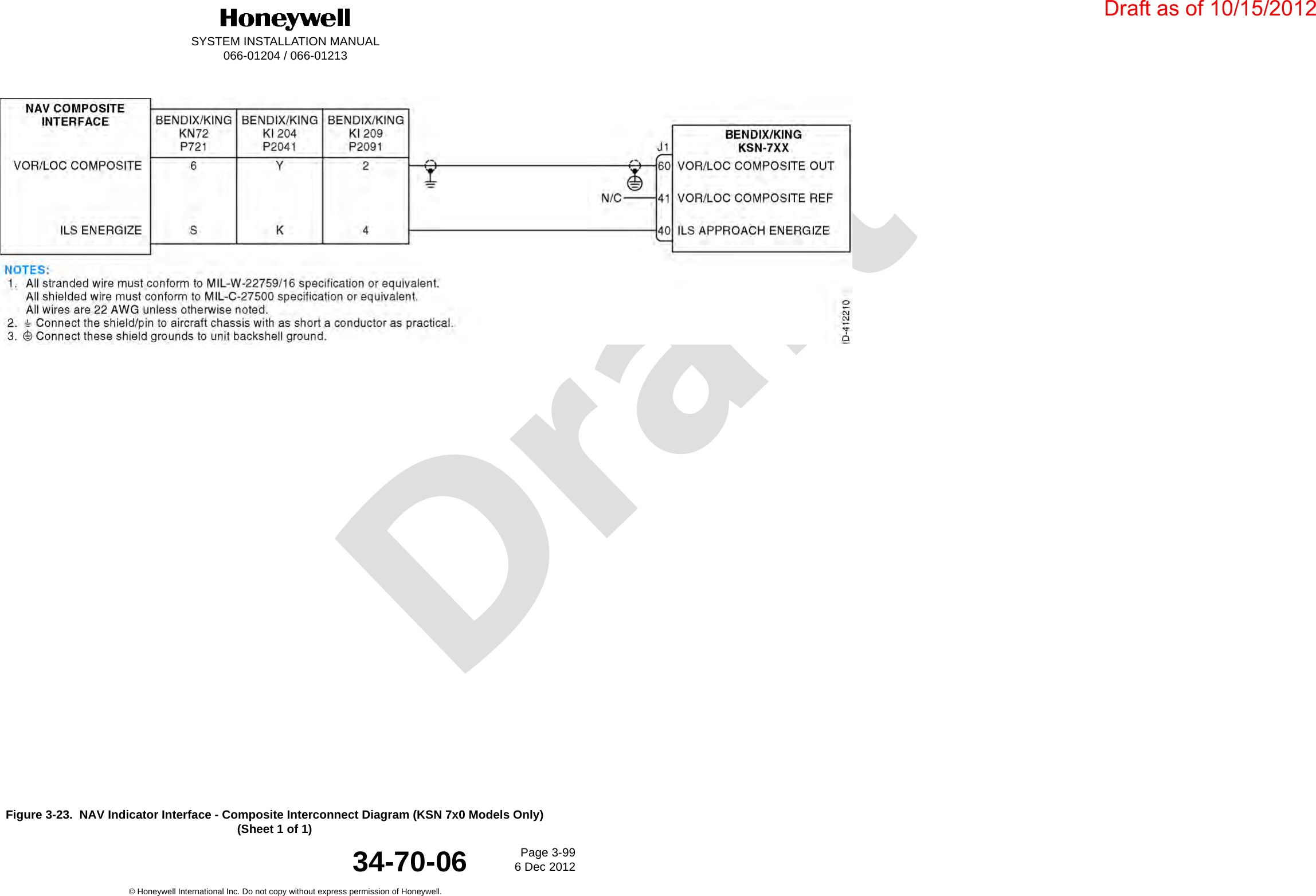 DraftSYSTEM INSTALLATION MANUAL066-01204 / 066-01213Page 3-996 Dec 2012© Honeywell International Inc. Do not copy without express permission of Honeywell.34-70-06Figure 3-23.  NAV Indicator Interface - Composite Interconnect Diagram (KSN 7x0 Models Only) (Sheet 1 of 1)Draft as of 10/15/2012