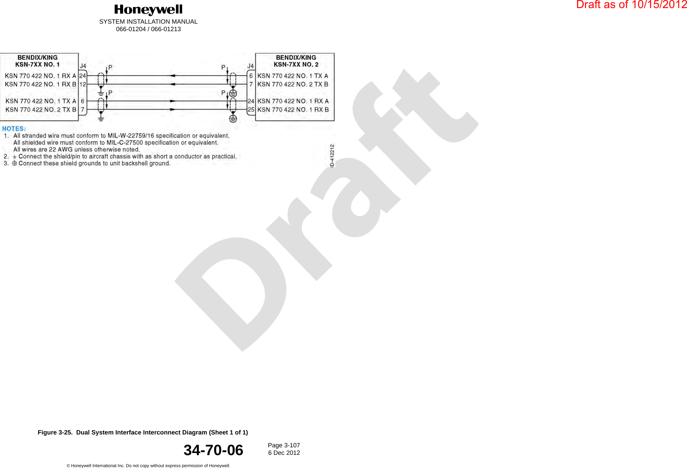 DraftSYSTEM INSTALLATION MANUAL066-01204 / 066-01213Page 3-1076 Dec 2012© Honeywell International Inc. Do not copy without express permission of Honeywell.34-70-06Figure 3-25.  Dual System Interface Interconnect Diagram (Sheet 1 of 1)Draft as of 10/15/2012