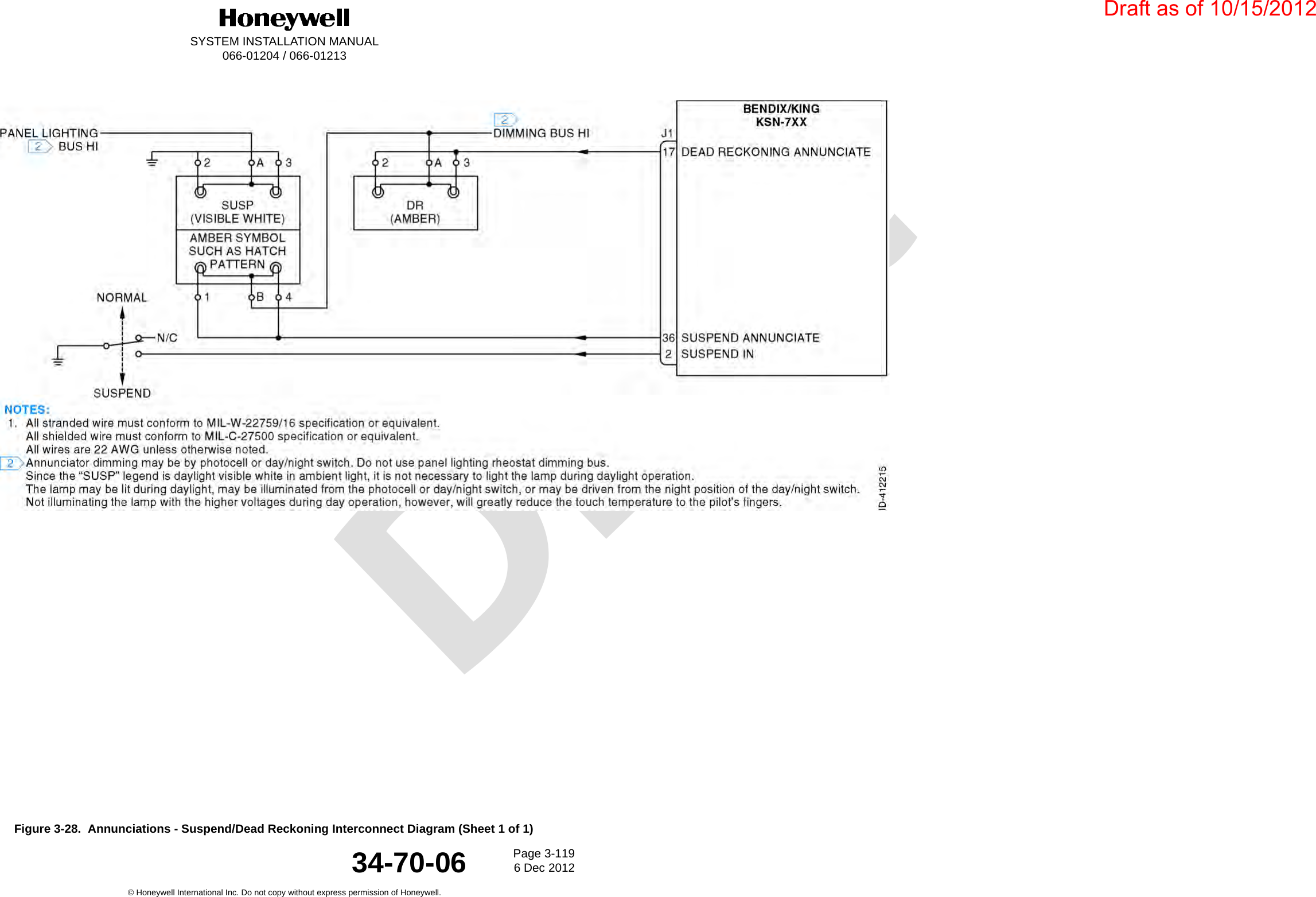 DraftSYSTEM INSTALLATION MANUAL066-01204 / 066-01213Page 3-1196 Dec 2012© Honeywell International Inc. Do not copy without express permission of Honeywell.34-70-06Figure 3-28.  Annunciations - Suspend/Dead Reckoning Interconnect Diagram (Sheet 1 of 1)Draft as of 10/15/2012