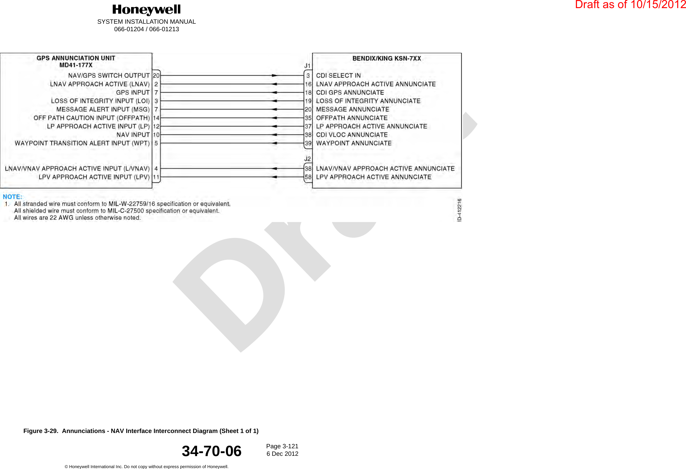 DraftSYSTEM INSTALLATION MANUAL066-01204 / 066-01213Page 3-1216 Dec 2012© Honeywell International Inc. Do not copy without express permission of Honeywell.34-70-06Figure 3-29.  Annunciations - NAV Interface Interconnect Diagram (Sheet 1 of 1)Draft as of 10/15/2012