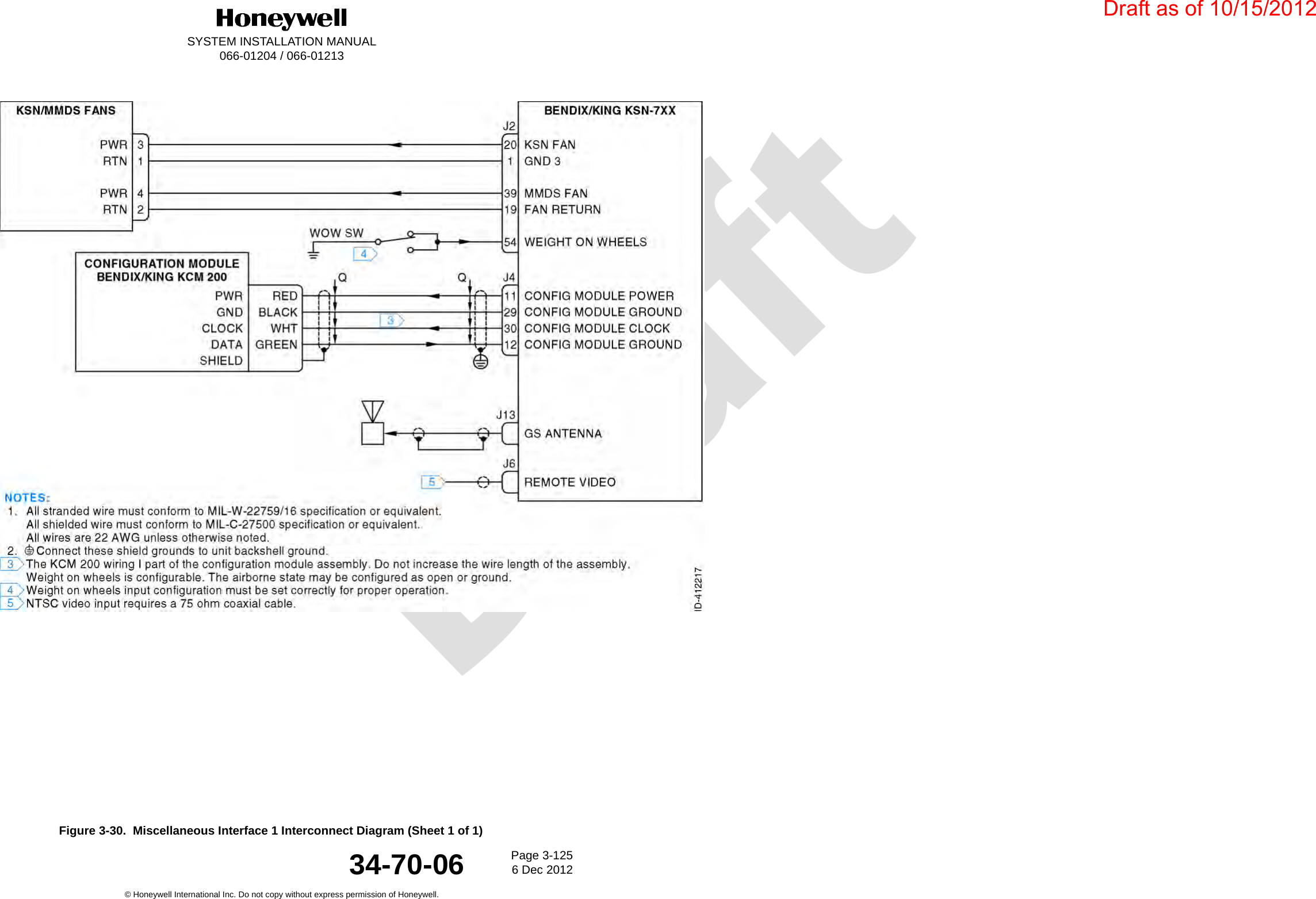 DraftSYSTEM INSTALLATION MANUAL066-01204 / 066-01213Page 3-1256 Dec 2012© Honeywell International Inc. Do not copy without express permission of Honeywell.34-70-06Figure 3-30.  Miscellaneous Interface 1 Interconnect Diagram (Sheet 1 of 1)Draft as of 10/15/2012