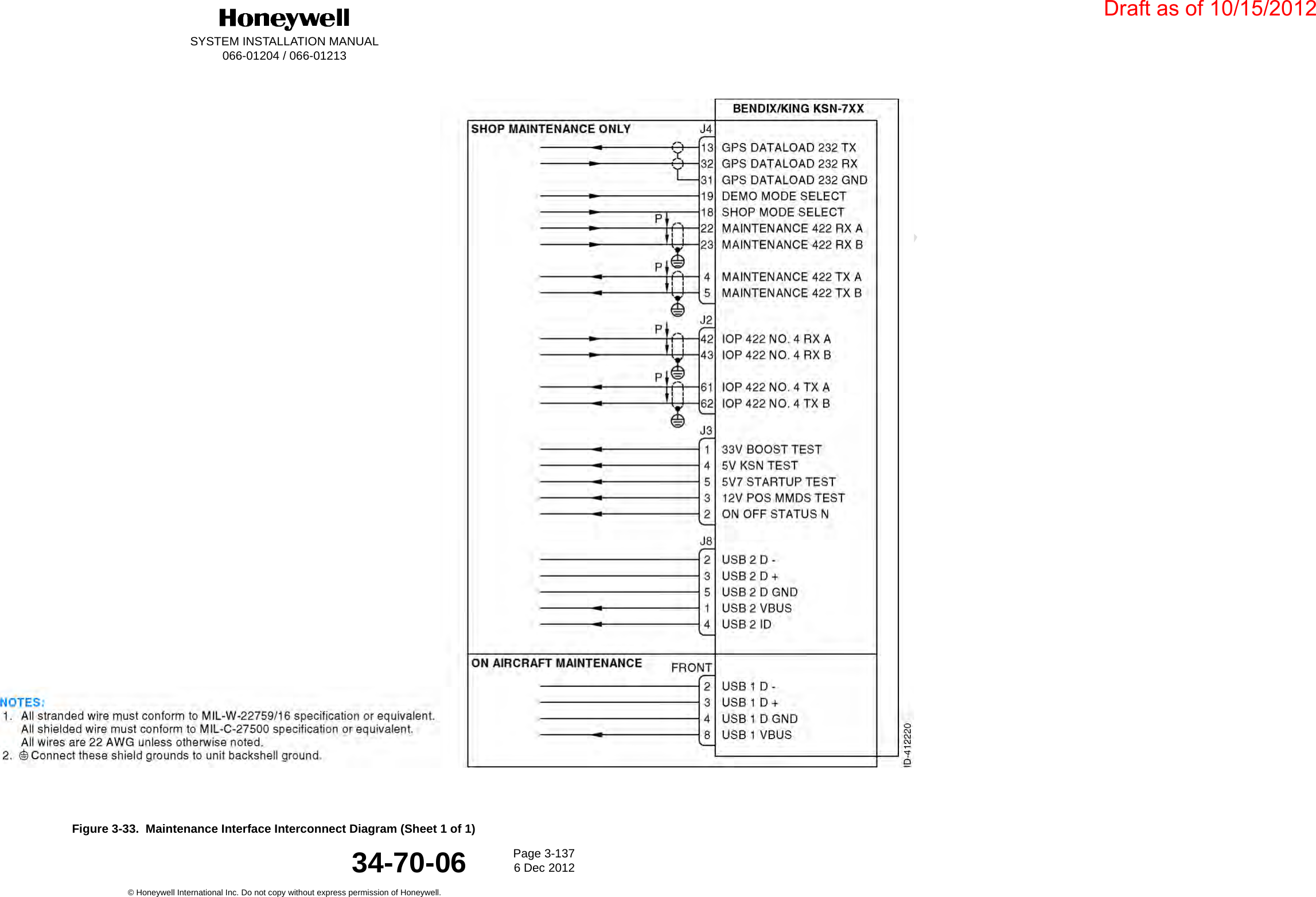 DraftSYSTEM INSTALLATION MANUAL066-01204 / 066-01213Page 3-1376 Dec 2012© Honeywell International Inc. Do not copy without express permission of Honeywell.34-70-06Figure 3-33.  Maintenance Interface Interconnect Diagram (Sheet 1 of 1)Draft as of 10/15/2012