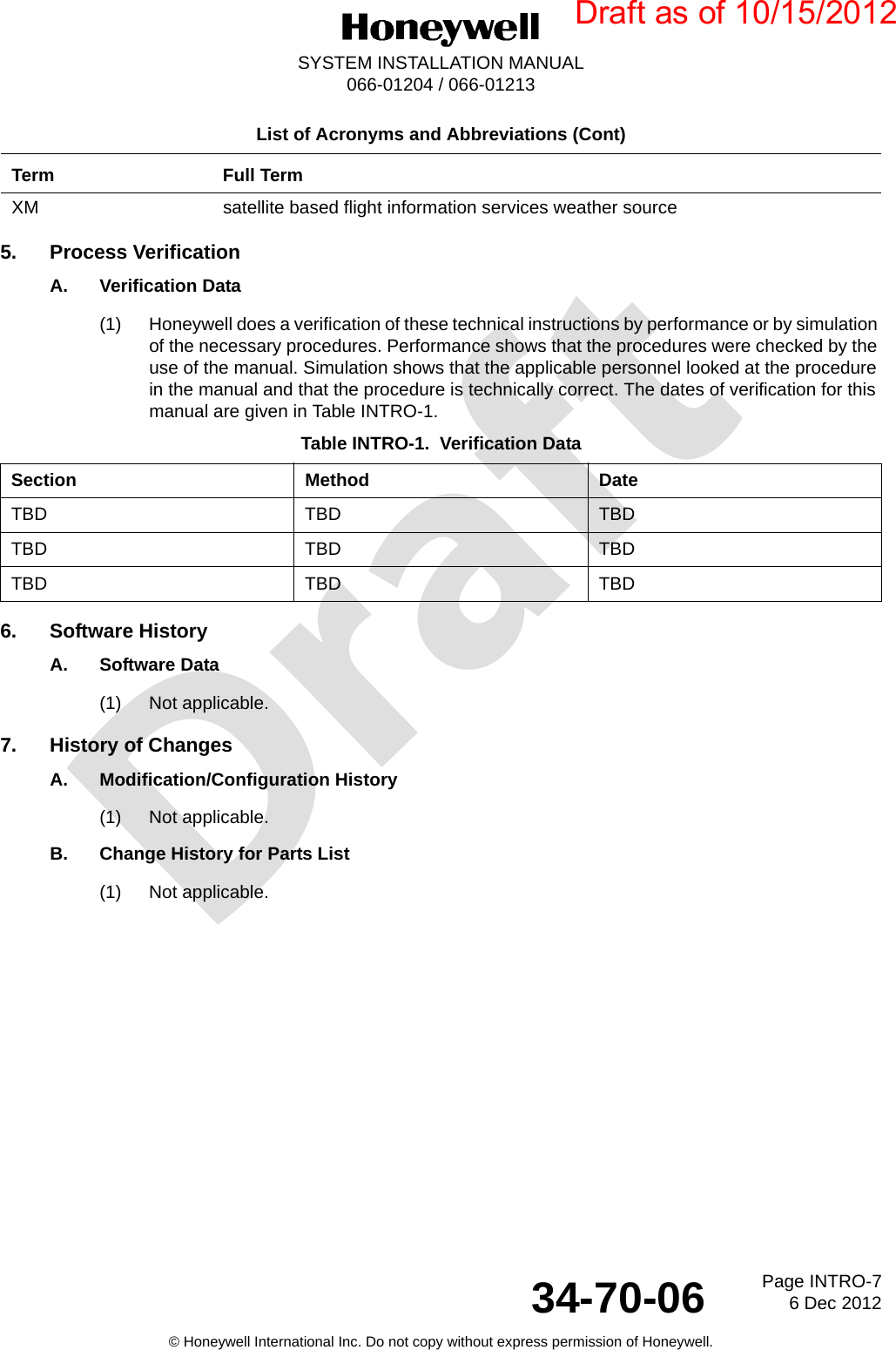 DraftPage INTRO-76 Dec 201234-70-06SYSTEM INSTALLATION MANUAL066-01204 / 066-01213© Honeywell International Inc. Do not copy without express permission of Honeywell.5. Process VerificationA. Verification Data(1) Honeywell does a verification of these technical instructions by performance or by simulation of the necessary procedures. Performance shows that the procedures were checked by the use of the manual. Simulation shows that the applicable personnel looked at the procedure in the manual and that the procedure is technically correct. The dates of verification for this manual are given in Table INTRO-1.6. Software HistoryA. Software Data(1) Not applicable.7. History of ChangesA. Modification/Configuration History(1) Not applicable.B. Change History for Parts List(1) Not applicable.XM satellite based flight information services weather sourceTable INTRO-1.  Verification DataSection Method DateTBD TBD TBDTBD TBD TBDTBD TBD TBDList of Acronyms and Abbreviations (Cont)Term Full TermDraft as of 10/15/2012
