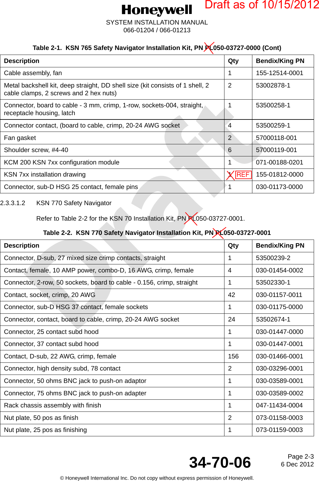 DraftPage 2-36 Dec 201234-70-06SYSTEM INSTALLATION MANUAL066-01204 / 066-01213© Honeywell International Inc. Do not copy without express permission of Honeywell.2.3.3.1.2 KSN 770 Safety NavigatorRefer to Table 2-2 for the KSN 70 Installation Kit, PN PL050-03727-0001.Cable assembly, fan 1 155-12514-0001Metal backshell kit, deep straight, DD shell size (kit consists of 1 shell, 2 cable clamps, 2 screws and 2 hex nuts) 2 53002878-1Connector, board to cable - 3 mm, crimp, 1-row, sockets-004, straight, receptacle housing, latch 1 53500258-1Connector contact, (board to cable, crimp, 20-24 AWG socket 4 53500259-1Fan gasket 2 57000118-001Shoulder screw, #4-40 6 57000119-001KCM 200 KSN 7xx configuration module 1 071-00188-0201KSN 7xx installation drawing 1 155-01812-0000Connector, sub-D HSG 25 contact, female pins 1 030-01173-0000Table 2-2.  KSN 770 Safety Navigator Installation Kit, PN PL050-03727-0001 Description Qty Bendix/King PNConnector, D-sub, 27 mixed size crimp contacts, straight 1 53500239-2Contact, female, 10 AMP power, combo-D, 16 AWG, crimp, female 4 030-01454-0002Connector, 2-row, 50 sockets, board to cable - 0.156, crimp, straight 1 53502330-1Contact, socket, crimp, 20 AWG 42 030-01157-0011Connector, sub-D HSG 37 contact, female sockets 1 030-01175-0000Connector, contact, board to cable, crimp, 20-24 AWG socket 24 53502674-1Connector, 25 contact subd hood 1 030-01447-0000Connector, 37 contact subd hood 1 030-01447-0001Contact, D-sub, 22 AWG, crimp, female 156 030-01466-0001Connector, high density subd, 78 contact 2 030-03296-0001Connector, 50 ohms BNC jack to push-on adaptor 1 030-03589-0001Connector, 75 ohms BNC jack to push-on adapter 1 030-03589-0002Rack chassis assembly with finish 1 047-11434-0004Nut plate, 50 pos as finish 2 073-01158-0003Nut plate, 25 pos as finishing 1 073-01159-0003Table 2-1.  KSN 765 Safety Navigator Installation Kit, PN PL050-03727-0000 (Cont)Description Qty Bendix/King PNDraft as of 10/15/2012REF