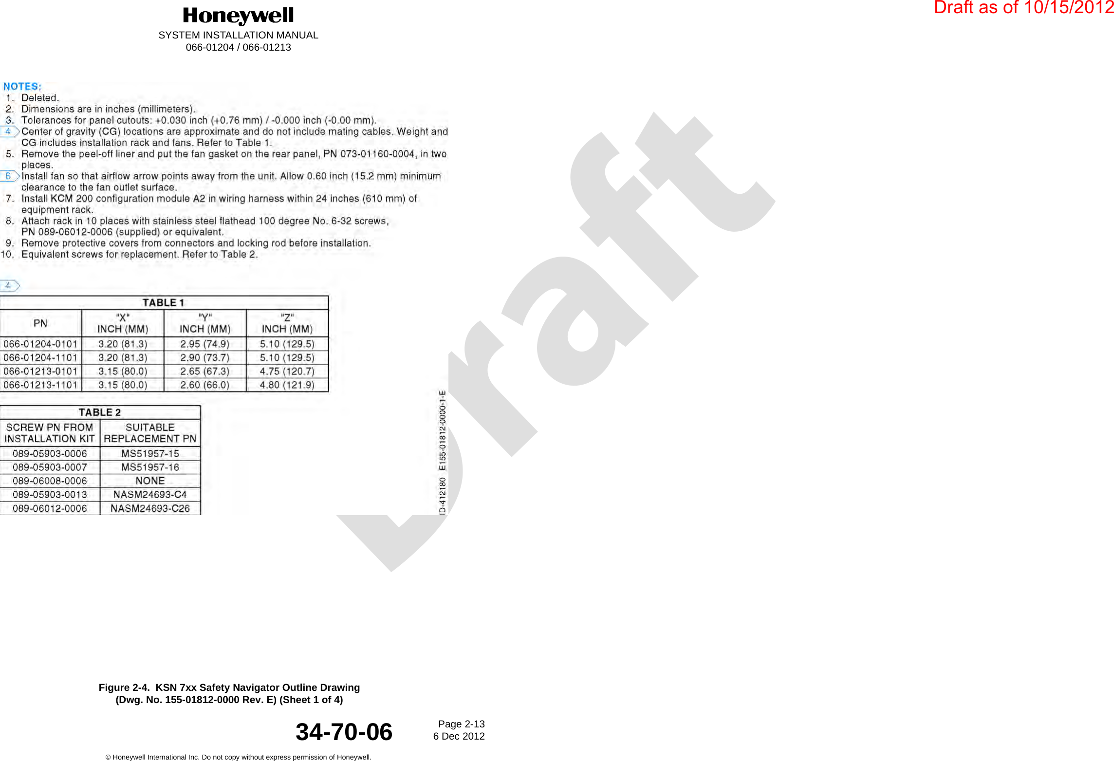 DraftSYSTEM INSTALLATION MANUAL066-01204 / 066-01213Page 2-136 Dec 2012© Honeywell International Inc. Do not copy without express permission of Honeywell.34-70-06Figure 2-4.  KSN 7xx Safety Navigator Outline Drawing(Dwg. No. 155-01812-0000 Rev. E) (Sheet 1 of 4)Draft as of 10/15/2012