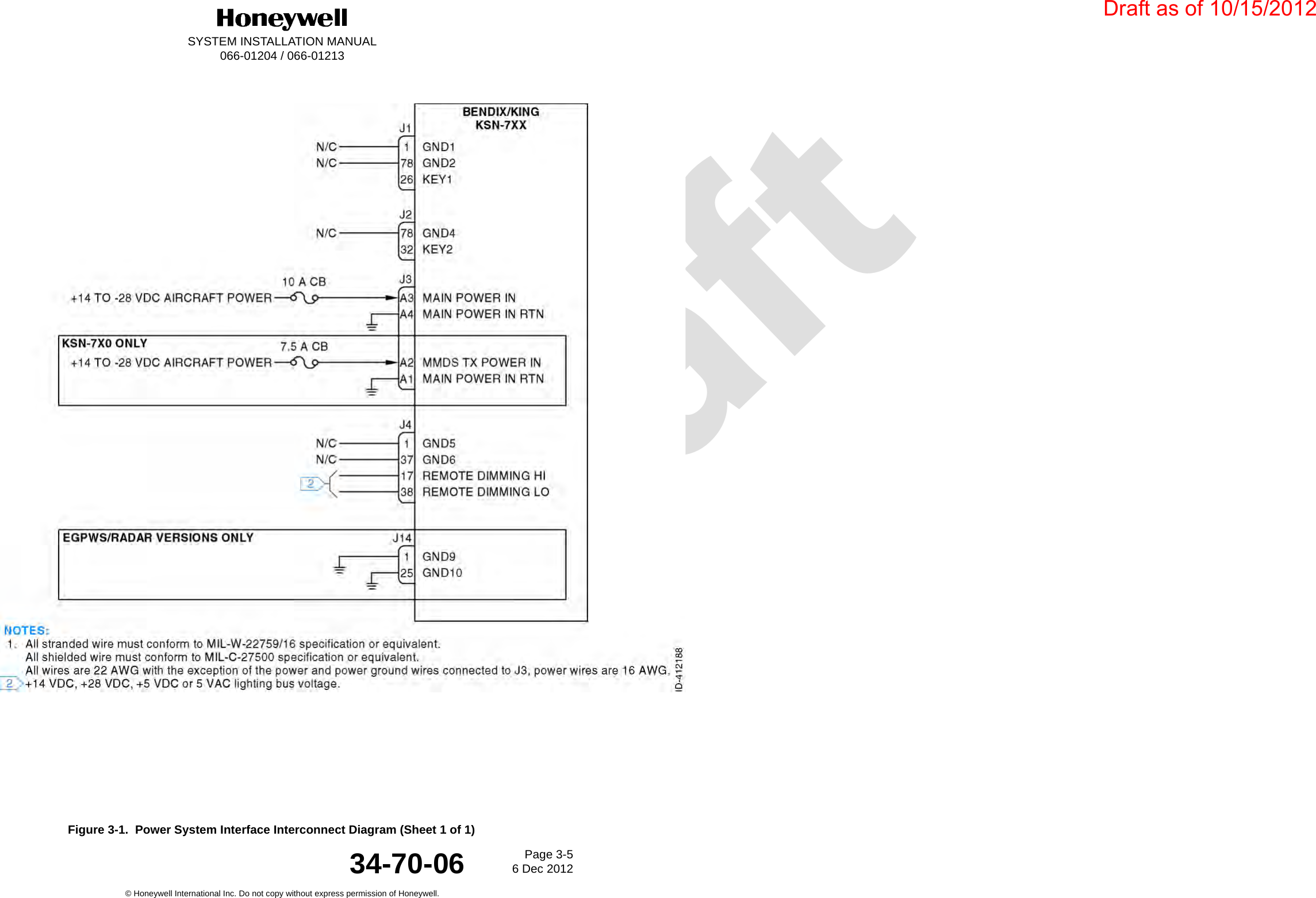 DraftSYSTEM INSTALLATION MANUAL066-01204 / 066-01213Page 3-56 Dec 2012© Honeywell International Inc. Do not copy without express permission of Honeywell.34-70-06Figure 3-1.  Power System Interface Interconnect Diagram (Sheet 1 of 1)Draft as of 10/15/2012