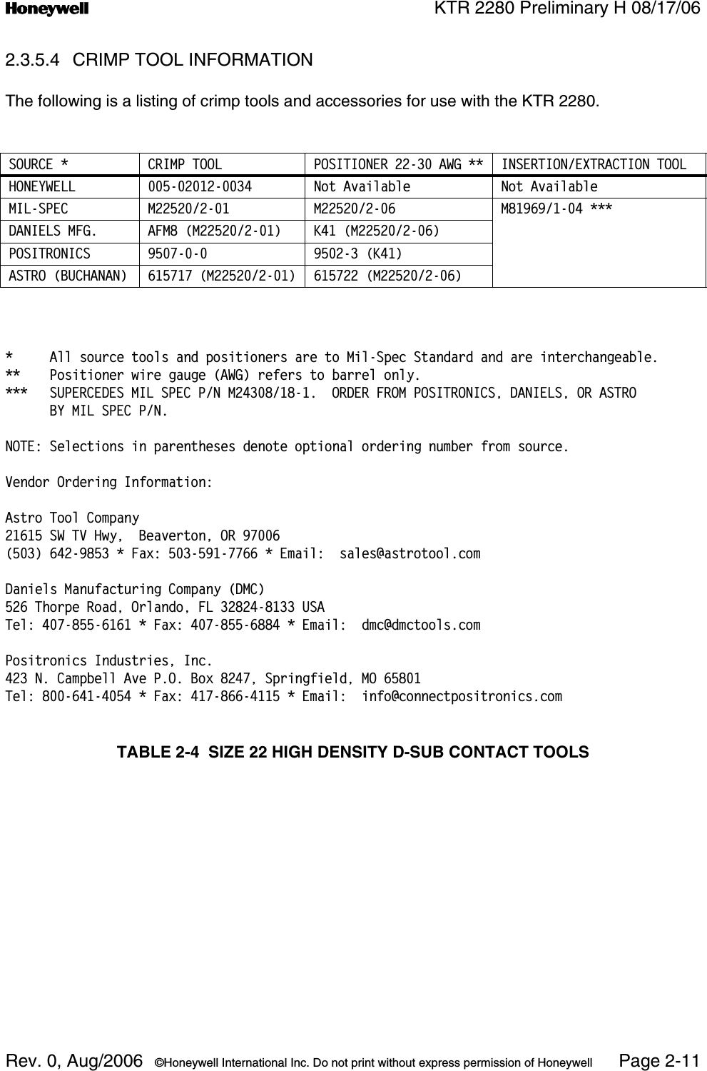 n KTR 2280 Preliminary H 08/17/06Rev. 0, Aug/2006  ©Honeywell International Inc. Do not print without express permission of Honeywell Page 2-112.3.5.4 CRIMP TOOL INFORMATIONThe following is a listing of crimp tools and accessories for use with the KTR 2280.*     All source tools and positioners are to Mil-Spec Standard and are interchangeable.**    Positioner wire gauge (AWG) refers to barrel only.***   SUPERCEDES MIL SPEC P/N M24308/18-1.  ORDER FROM POSITRONICS, DANIELS, OR ASTRO      BY MIL SPEC P/N.NOTE: Selections in parentheses denote optional ordering number from source.Vendor Ordering Information:Astro Tool Company21615 SW TV Hwy,  Beaverton, OR 97006(503) 642-9853 * Fax: 503-591-7766 * Email:  sales@astrotool.comDaniels Manufacturing Company (DMC)526 Thorpe Road, Orlando, FL 32824-8133 USATel: 407-855-6161 * Fax: 407-855-6884 * Email:  dmc@dmctools.comPositronics Industries, Inc.423 N. Campbell Ave P.O. Box 8247, Springfield, MO 65801Tel: 800-641-4054 * Fax: 417-866-4115 * Email:  info@connectpositronics.comTABLE 2-4  SIZE 22 HIGH DENSITY D-SUB CONTACT TOOLSSOURCE * CRIMP TOOL POSITIONER 22-30 AWG ** INSERTION/EXTRACTION TOOLHONEYWELL 005-02012-0034 Not Available Not AvailableMIL-SPEC M22520/2-01 M22520/2-06 M81969/1-04 ***DANIELS MFG. AFM8 (M22520/2-01) K41 (M22520/2-06)POSITRONICS 9507-0-0 9502-3 (K41)ASTRO (BUCHANAN) 615717 (M22520/2-01) 615722 (M22520/2-06)