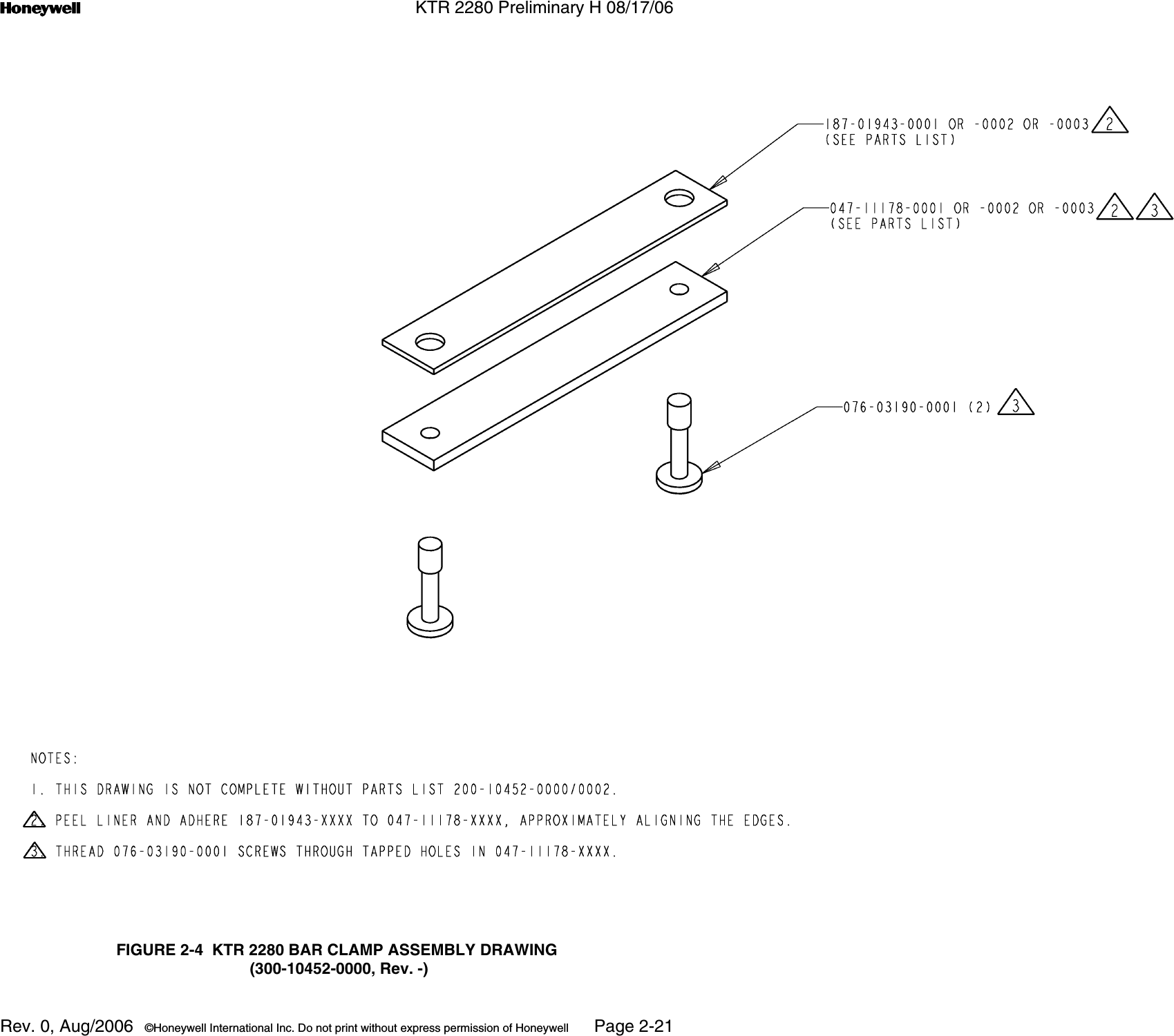n KTR 2280 Preliminary H 08/17/06Rev. 0, Aug/2006  ©Honeywell International Inc. Do not print without express permission of Honeywell Page 2-21FIGURE 2-4  KTR 2280 BAR CLAMP ASSEMBLY DRAWING (300-10452-0000, Rev. -)