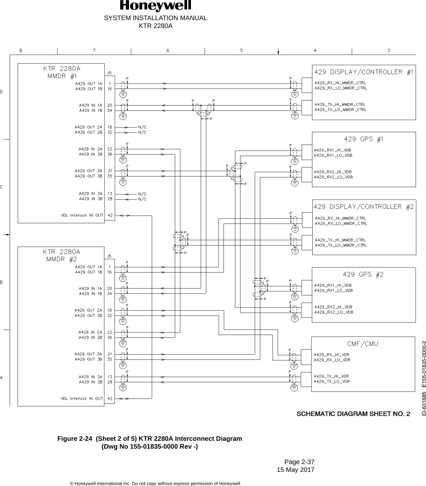 SYSTEM INSTALLATION MANUALKTR 2280APage 2-37 15 May 2017© Honeywell International Inc. Do not copy without express permission of Honeywell.Figure 2-24  (Sheet 2 of 5) KTR 2280A Interconnect Diagram(Dwg No 155-01835-0000 Rev -)