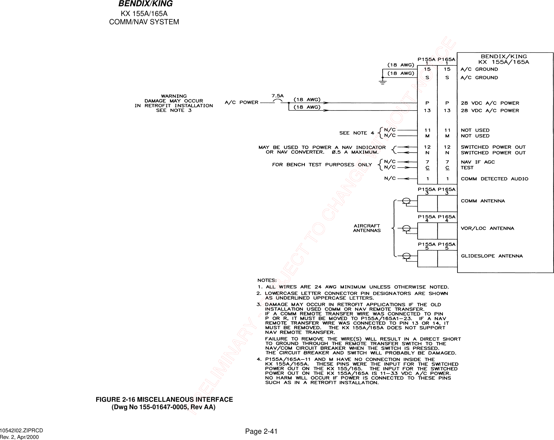 KX 155A/165ACOMM/NAV SYSTEMPage 2-41BENDIX/KING10542I02.ZIPRCDRev. 2, Apr/2000FIGURE 2-16 MISCELLANEOUS INTERFACE(Dwg No 155-01647-0005, Rev AA) PRELIMINARY - SUBJECT TO CHANGE WITHOUT NOTICE