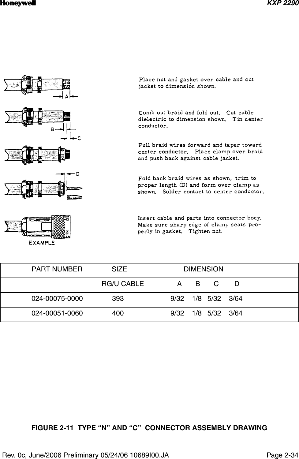 n KXP 2290 Rev. 0c, June/2006 Preliminary 05/24/06 10689I00.JA Page 2-34 FIGURE 2-11  TYPE “N” AND “C”  CONNECTOR ASSEMBLY DRAWINGPART NUMBER               SIZE                             DIMENSION                                    RG/U CABLE                 A       B       C        D024-00075-0000               393                        9/32    1/8   5/32    3/64024-00051-0060               400                        9/32    1/8   5/32    3/64