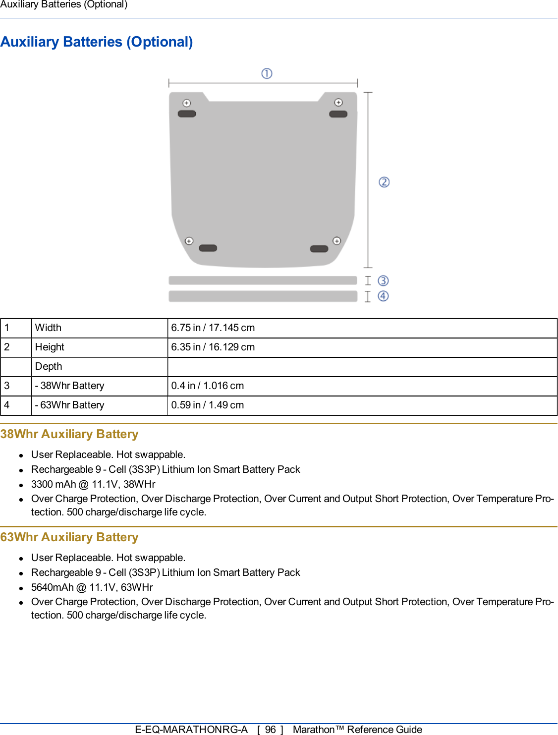 Auxiliary Batteries (Optional)Auxiliary Batteries (Optional)1 Width 6.75 in / 17.145 cm2 Height 6.35 in / 16.129 cmDepth3 - 38Whr Battery 0.4 in / 1.016 cm4 - 63Whr Battery 0.59 in / 1.49 cm38Whr Auxiliary BatterylUser Replaceable. Hot swappable.lRechargeable 9 - Cell (3S3P) Lithium Ion Smart Battery Packl3300 mAh @ 11.1V, 38WHrlOver Charge Protection, Over Discharge Protection, Over Current and Output Short Protection, Over Temperature Pro-tection. 500 charge/discharge life cycle.63Whr Auxiliary BatterylUser Replaceable. Hot swappable.lRechargeable 9 - Cell (3S3P) Lithium Ion Smart Battery Packl5640mAh @ 11.1V, 63WHrlOver Charge Protection, Over Discharge Protection, Over Current and Output Short Protection, Over Temperature Pro-tection. 500 charge/discharge life cycle.E-EQ-MARATHONRG-A [ 96 ] Marathon™ Reference Guide