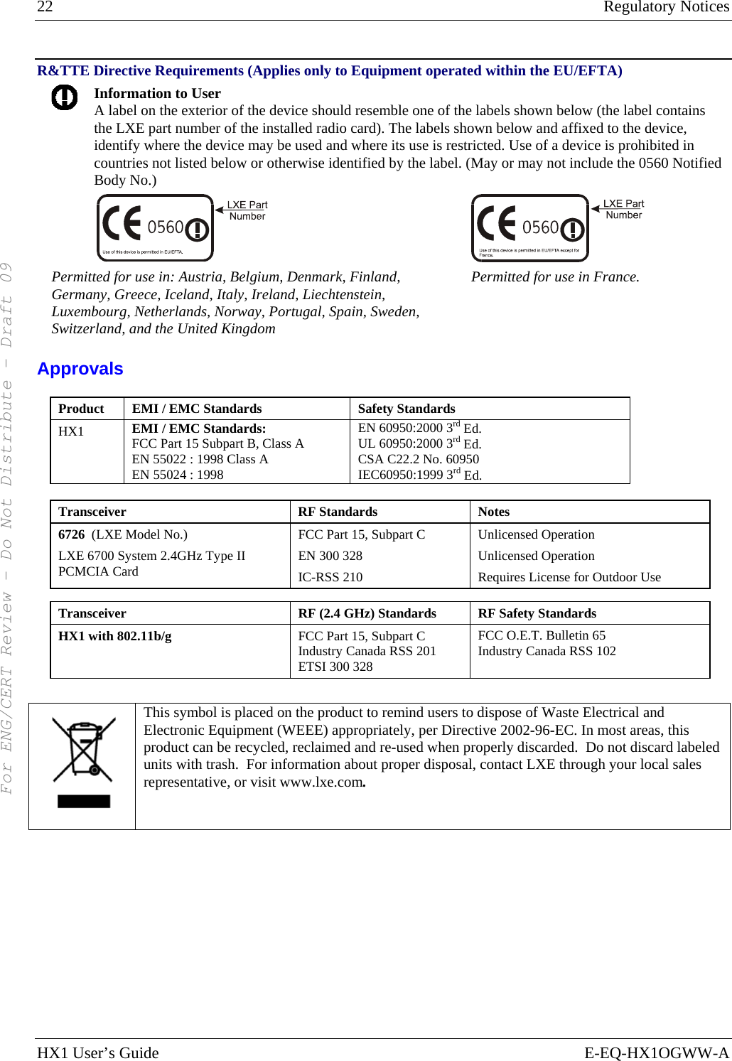 22  Regulatory Notices HX1 User’s Guide  E-EQ-HX1OGWW-A R&amp;TTE Directive Requirements (Applies only to Equipment operated within the EU/EFTA)  Information to User A label on the exterior of the device should resemble one of the labels shown below (the label contains the LXE part number of the installed radio card). The labels shown below and affixed to the device, identify where the device may be used and where its use is restricted. Use of a device is prohibited in countries not listed below or otherwise identified by the label. (May or may not include the 0560 Notified Body No.)   Permitted for use in: Austria, Belgium, Denmark, Finland, Germany, Greece, Iceland, Italy, Ireland, Liechtenstein, Luxembourg, Netherlands, Norway, Portugal, Spain, Sweden, Switzerland, and the United Kingdom Permitted for use in France. Approvals Product  EMI / EMC Standards  Safety Standards HX1  EMI / EMC Standards: FCC Part 15 Subpart B, Class A EN 55022 : 1998 Class A EN 55024 : 1998 EN 60950:2000 3rd Ed. UL 60950:2000 3rd Ed. CSA C22.2 No. 60950 IEC60950:1999 3rd Ed.  Transceiver RF Standards Notes 6726  (LXE Model No.) LXE 6700 System 2.4GHz Type II PCMCIA Card FCC Part 15, Subpart C EN 300 328 IC-RSS 210 Unlicensed Operation Unlicensed Operation Requires License for Outdoor Use  Transceiver  RF (2.4 GHz) Standards  RF Safety Standards HX1 with 802.11b/g  FCC Part 15, Subpart C Industry Canada RSS 201 ETSI 300 328 FCC O.E.T. Bulletin 65 Industry Canada RSS 102   This symbol is placed on the product to remind users to dispose of Waste Electrical and Electronic Equipment (WEEE) appropriately, per Directive 2002-96-EC. In most areas, this product can be recycled, reclaimed and re-used when properly discarded.  Do not discard labeled units with trash.  For information about proper disposal, contact LXE through your local sales representative, or visit www.lxe.com. For ENG/CERT Review - Do Not Distribute - Draft 09