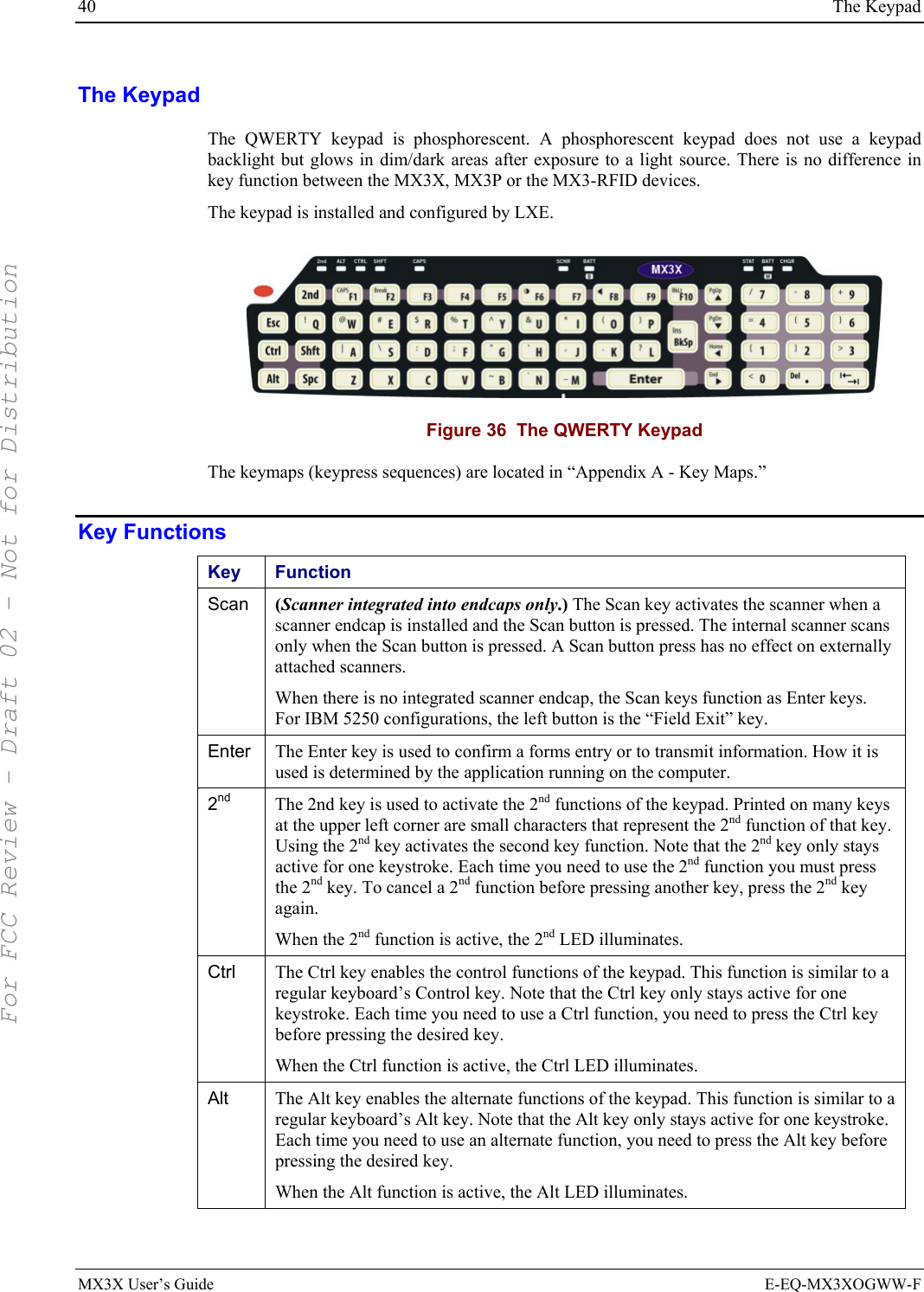 40  The Keypad MX3X User’s Guide  E-EQ-MX3XOGWW-F The Keypad The QWERTY keypad is phosphorescent. A phosphorescent keypad does not use a keypad backlight but glows in dim/dark areas after exposure to a light source. There is no difference in key function between the MX3X, MX3P or the MX3-RFID devices. The keypad is installed and configured by LXE.   Figure 36  The QWERTY Keypad The keymaps (keypress sequences) are located in “Appendix A - Key Maps.” Key Functions Key Function Scan  (Scanner integrated into endcaps only.) The Scan key activates the scanner when a scanner endcap is installed and the Scan button is pressed. The internal scanner scans only when the Scan button is pressed. A Scan button press has no effect on externally attached scanners.  When there is no integrated scanner endcap, the Scan keys function as Enter keys. For IBM 5250 configurations, the left button is the “Field Exit” key. Enter  The Enter key is used to confirm a forms entry or to transmit information. How it is used is determined by the application running on the computer. 2nd The 2nd key is used to activate the 2nd functions of the keypad. Printed on many keys at the upper left corner are small characters that represent the 2nd function of that key. Using the 2nd key activates the second key function. Note that the 2nd key only stays active for one keystroke. Each time you need to use the 2nd function you must press the 2nd key. To cancel a 2nd function before pressing another key, press the 2nd key again.  When the 2nd function is active, the 2nd LED illuminates. Ctrl  The Ctrl key enables the control functions of the keypad. This function is similar to a regular keyboard’s Control key. Note that the Ctrl key only stays active for one keystroke. Each time you need to use a Ctrl function, you need to press the Ctrl key before pressing the desired key.  When the Ctrl function is active, the Ctrl LED illuminates. Alt  The Alt key enables the alternate functions of the keypad. This function is similar to a regular keyboard’s Alt key. Note that the Alt key only stays active for one keystroke. Each time you need to use an alternate function, you need to press the Alt key before pressing the desired key.  When the Alt function is active, the Alt LED illuminates. For FCC Review - Draft 02 - Not for Distribution