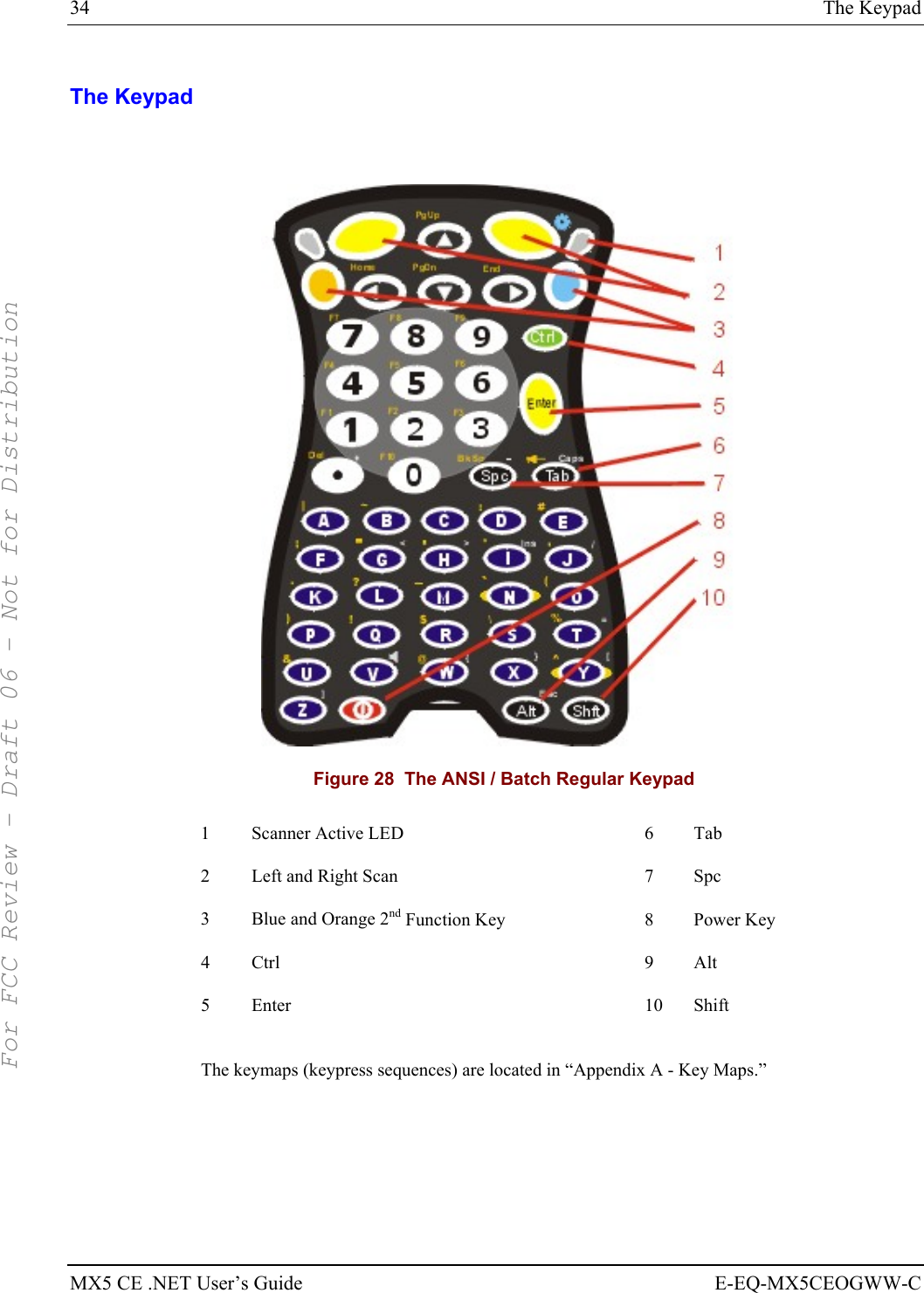 34  The Keypad MX5 CE .NET User’s Guide  E-EQ-MX5CEOGWW-C The Keypad    Figure 28  The ANSI / Batch Regular Keypad 1  Scanner Active LED  6  Tab 2  Left and Right Scan  7  Spc 3  Blue and Orange 2nd Function Key  8  Power Key 4 Ctrl  9 Alt 5 Enter  10 Shift  The keymaps (keypress sequences) are located in “Appendix A - Key Maps.” For FCC Review - Draft 06 - Not for Distribution