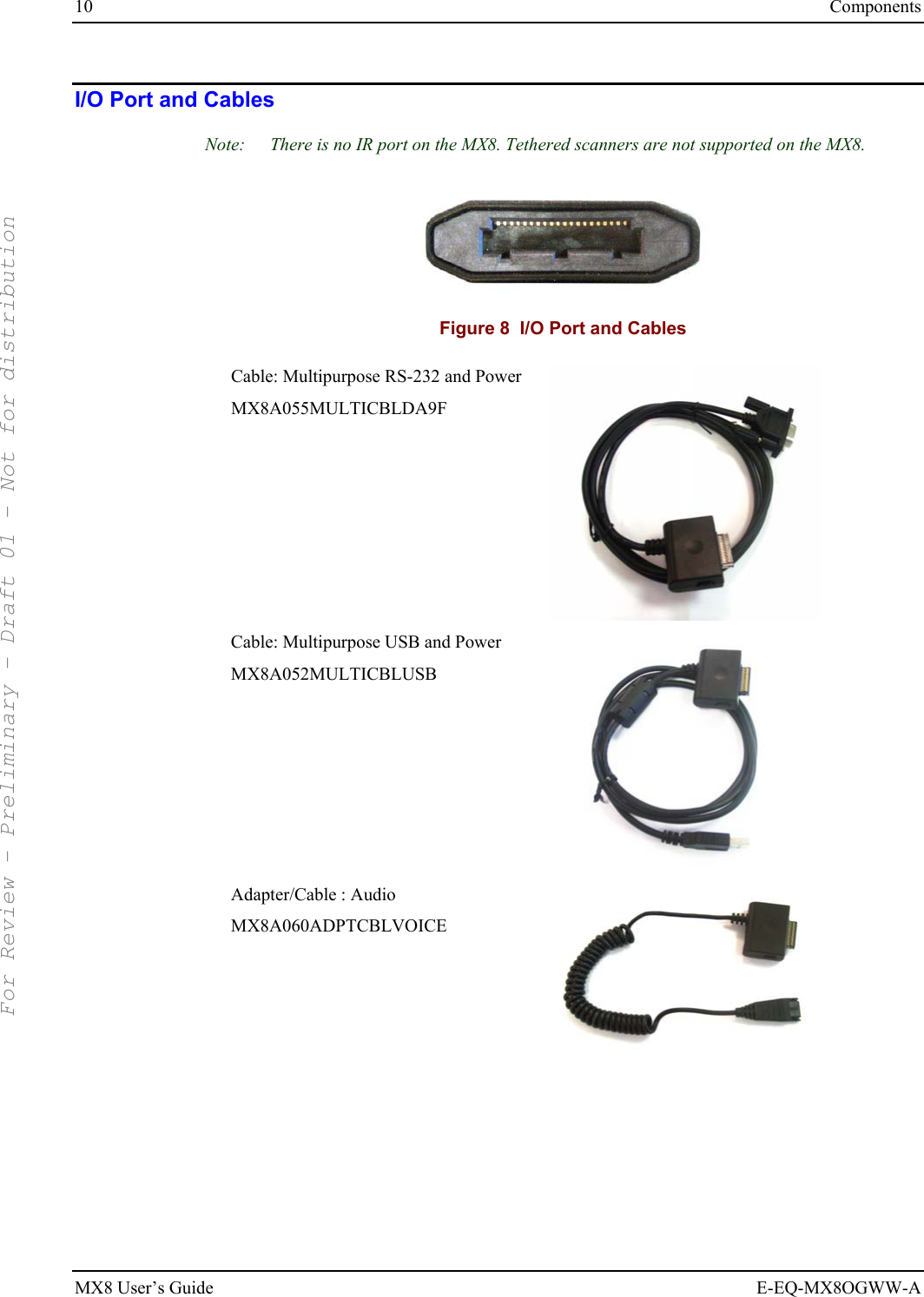 10  Components MX8 User’s Guide  E-EQ-MX8OGWW-A I/O Port and Cables Note:  There is no IR port on the MX8. Tethered scanners are not supported on the MX8.  Figure 8  I/O Port and Cables Cable: Multipurpose RS-232 and Power MX8A055MULTICBLDA9F  Cable: Multipurpose USB and Power MX8A052MULTICBLUSB  Adapter/Cable : Audio MX8A060ADPTCBLVOICE   For Review - Preliminary - Draft 01 - Not for distribution 