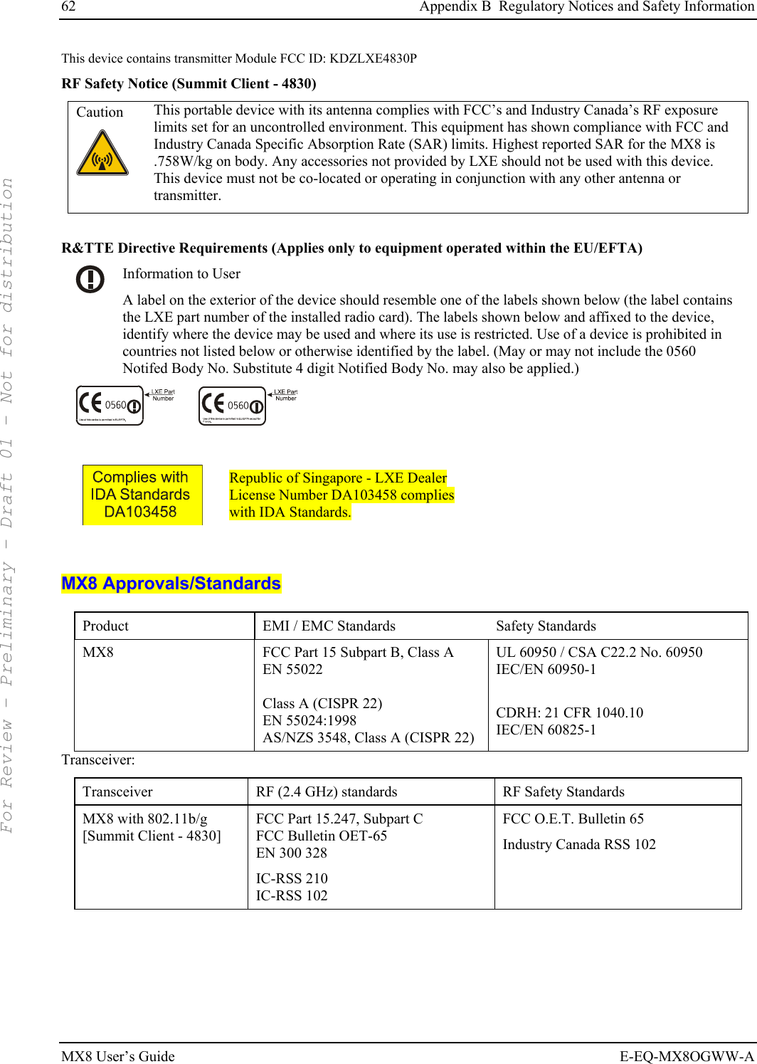 62  Appendix B  Regulatory Notices and Safety Information MX8 User’s Guide  E-EQ-MX8OGWW-A This device contains transmitter Module FCC ID: KDZLXE4830P RF Safety Notice (Summit Client - 4830) Caution   This portable device with its antenna complies with FCC’s and Industry Canada’s RF exposure limits set for an uncontrolled environment. This equipment has shown compliance with FCC and Industry Canada Specific Absorption Rate (SAR) limits. Highest reported SAR for the MX8 is .758W/kg on body. Any accessories not provided by LXE should not be used with this device. This device must not be co-located or operating in conjunction with any other antenna or transmitter.  R&amp;TTE Directive Requirements (Applies only to equipment operated within the EU/EFTA)  Information to User A label on the exterior of the device should resemble one of the labels shown below (the label contains the LXE part number of the installed radio card). The labels shown below and affixed to the device, identify where the device may be used and where its use is restricted. Use of a device is prohibited in countries not listed below or otherwise identified by the label. (May or may not include the 0560 Notifed Body No. Substitute 4 digit Notified Body No. may also be applied.)          Republic of Singapore - LXE Dealer License Number DA103458 complies with IDA Standards.  MX8 Approvals/Standards  Product  EMI / EMC Standards   Safety Standards MX8  FCC Part 15 Subpart B, Class A EN 55022  Class A (CISPR 22) EN 55024:1998 AS/NZS 3548, Class A (CISPR 22) UL 60950 / CSA C22.2 No. 60950 IEC/EN 60950-1  CDRH: 21 CFR 1040.10 IEC/EN 60825-1 Transceiver: Transceiver  RF (2.4 GHz) standards  RF Safety Standards MX8 with 802.11b/g [Summit Client - 4830] FCC Part 15.247, Subpart C FCC Bulletin OET-65 EN 300 328 IC-RSS 210 IC-RSS 102 FCC O.E.T. Bulletin 65 Industry Canada RSS 102  For Review - Preliminary - Draft 01 - Not for distribution 