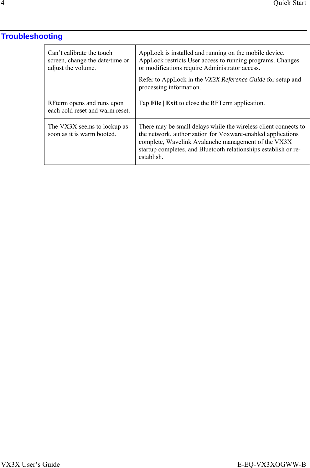 4  Quick Start VX3X User’s Guide  E-EQ-VX3XOGWW-B Troubleshooting Can’t calibrate the touch screen, change the date/time or adjust the volume. AppLock is installed and running on the mobile device. AppLock restricts User access to running programs. Changes or modifications require Administrator access. Refer to AppLock in the VX3X Reference Guide for setup and processing information. RFterm opens and runs upon each cold reset and warm reset. Tap File | Exit to close the RFTerm application. The VX3X seems to lockup as soon as it is warm booted. There may be small delays while the wireless client connects to the network, authorization for Voxware-enabled applications complete, Wavelink Avalanche management of the VX3X startup completes, and Bluetooth relationships establish or re-establish.   