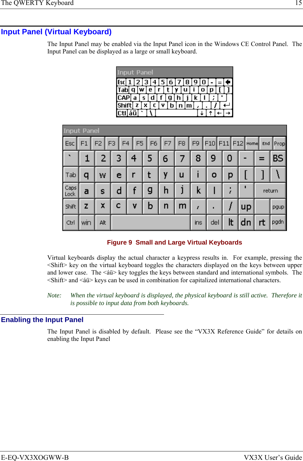 The QWERTY Keyboard  15 E-EQ-VX3XOGWW-B  VX3X User’s Guide Input Panel (Virtual Keyboard) The Input Panel may be enabled via the Input Panel icon in the Windows CE Control Panel.  The Input Panel can be displayed as a large or small keyboard.   Figure 9  Small and Large Virtual Keyboards Virtual keyboards display the actual character a keypress results in.  For example, pressing the &lt;Shift&gt; key on the virtual keyboard toggles the characters displayed on the keys between upper and lower case.  The &lt;áü&gt; key toggles the keys between standard and international symbols.  The &lt;Shift&gt; and &lt;áü&gt; keys can be used in combination for capitalized international characters. Note:  When the virtual keyboard is displayed, the physical keyboard is still active.  Therefore it is possible to input data from both keyboards. Enabling the Input Panel The Input Panel is disabled by default.  Please see the “VX3X Reference Guide” for details on enabling the Input Panel 