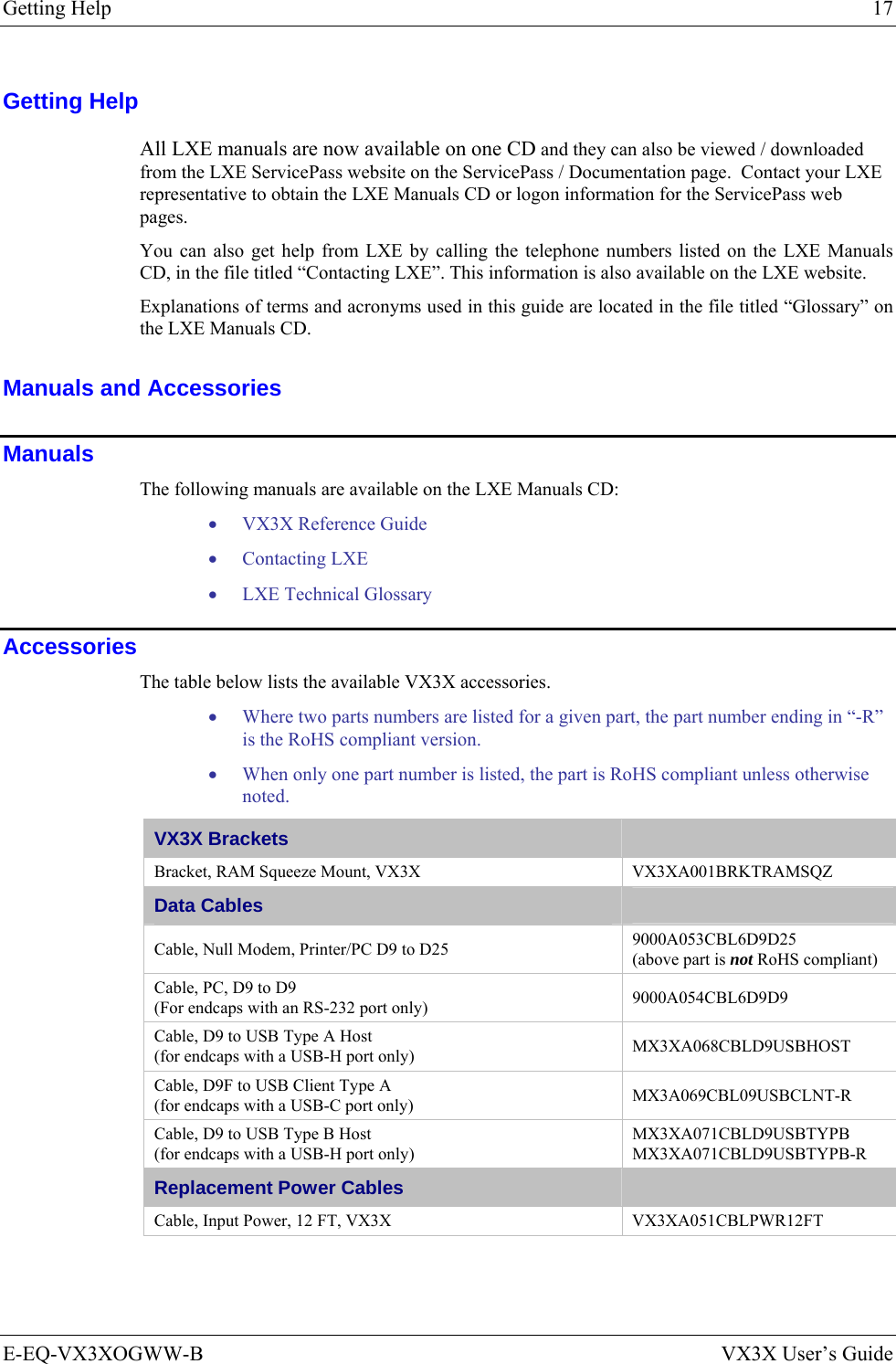 Getting Help  17 E-EQ-VX3XOGWW-B  VX3X User’s Guide Getting Help All LXE manuals are now available on one CD and they can also be viewed / downloaded from the LXE ServicePass website on the ServicePass / Documentation page.  Contact your LXE representative to obtain the LXE Manuals CD or logon information for the ServicePass web pages. You can also get help from LXE by calling the telephone numbers listed on the LXE Manuals CD, in the file titled “Contacting LXE”. This information is also available on the LXE website.  Explanations of terms and acronyms used in this guide are located in the file titled “Glossary” on the LXE Manuals CD. Manuals and Accessories Manuals The following manuals are available on the LXE Manuals CD: • VX3X Reference Guide • Contacting LXE • LXE Technical Glossary Accessories The table below lists the available VX3X accessories.   • Where two parts numbers are listed for a given part, the part number ending in “-R” is the RoHS compliant version.   • When only one part number is listed, the part is RoHS compliant unless otherwise noted. VX3X Brackets   Bracket, RAM Squeeze Mount, VX3X  VX3XA001BRKTRAMSQZ Data Cables   Cable, Null Modem, Printer/PC D9 to D25  9000A053CBL6D9D25 (above part is not RoHS compliant) Cable, PC, D9 to D9 (For endcaps with an RS-232 port only)  9000A054CBL6D9D9 Cable, D9 to USB Type A Host (for endcaps with a USB-H port only)  MX3XA068CBLD9USBHOST Cable, D9F to USB Client Type A (for endcaps with a USB-C port only)  MX3A069CBL09USBCLNT-R Cable, D9 to USB Type B Host (for endcaps with a USB-H port only) MX3XA071CBLD9USBTYPB MX3XA071CBLD9USBTYPB-R Replacement Power Cables   Cable, Input Power, 12 FT, VX3X   VX3XA051CBLPWR12FT 