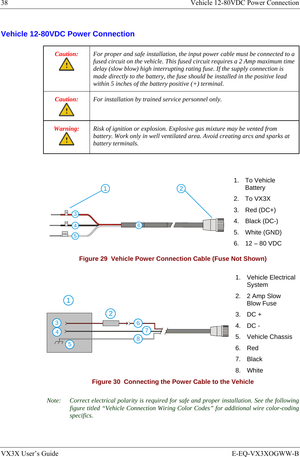 38  Vehicle 12-80VDC Power Connection VX3X User’s Guide  E-EQ-VX3XOGWW-B Vehicle 12-80VDC Power Connection Caution: ! For proper and safe installation, the input power cable must be connected to a fused circuit on the vehicle. This fused circuit requires a 2 Amp maximum time delay (slow blow) high interrupting rating fuse. If the supply connection is made directly to the battery, the fuse should be installed in the positive lead within 5 inches of the battery positive (+) terminal. Caution: ! For installation by trained service personnel only. Warning: ! Risk of ignition or explosion. Explosive gas mixture may be vented from battery. Work only in well ventilated area. Avoid creating arcs and sparks at battery terminals.  GND+-34561 2 1. To Vehicle Battery 2. To VX3X 3. Red (DC+) 4. Black (DC-) 5. White (GND) 6.  12 – 80 VDC Figure 29  Vehicle Power Connection Cable (Fuse Not Shown) 54321678 1.   Vehicle Electrical System 2.   2 Amp Slow Blow Fuse 3.   DC + 4.   DC - 5.   Vehicle Chassis 6.   Red 7.   Black 8.   White Figure 30  Connecting the Power Cable to the Vehicle Note:  Correct electrical polarity is required for safe and proper installation. See the following figure titled “Vehicle Connection Wiring Color Codes” for additional wire color-coding specifics. 