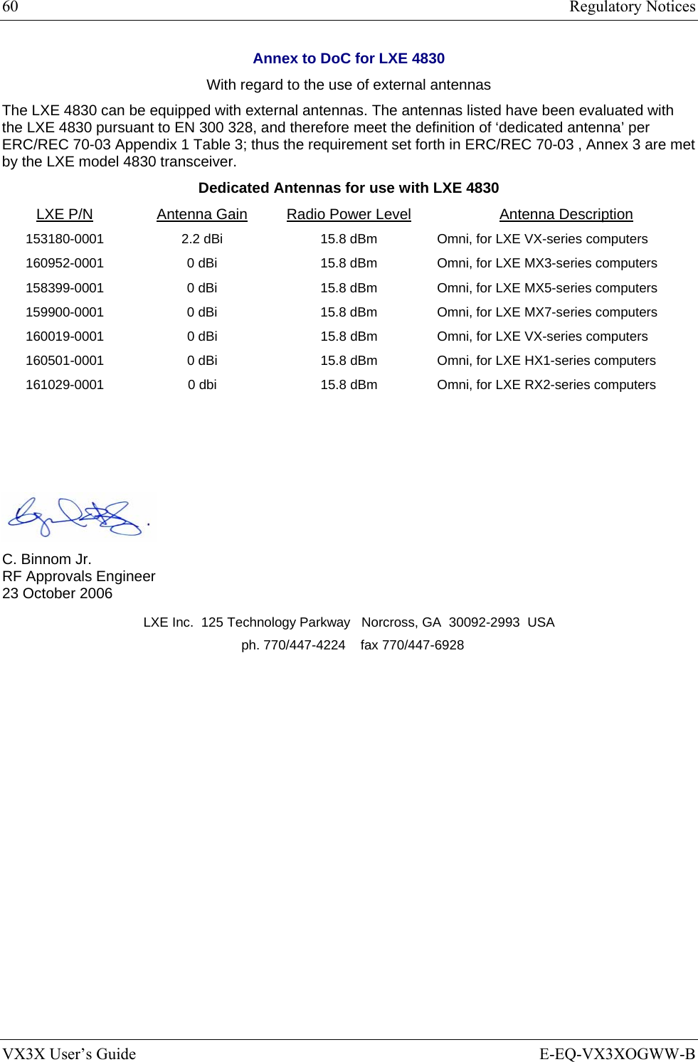 60  Regulatory Notices VX3X User’s Guide  E-EQ-VX3XOGWW-B Annex to DoC for LXE 4830 With regard to the use of external antennas The LXE 4830 can be equipped with external antennas. The antennas listed have been evaluated with the LXE 4830 pursuant to EN 300 328, and therefore meet the definition of ‘dedicated antenna’ per ERC/REC 70-03 Appendix 1 Table 3; thus the requirement set forth in ERC/REC 70-03 , Annex 3 are met by the LXE model 4830 transceiver. Dedicated Antennas for use with LXE 4830 LXE P/N Antenna Gain  Radio Power Level Antenna Description 153180-0001  2.2 dBi  15.8 dBm Omni, for LXE VX-series computers 160952-0001  0 dBi  15.8 dBm Omni, for LXE MX3-series computers 158399-0001  0 dBi  15.8 dBm Omni, for LXE MX5-series computers 159900-0001  0 dBi  15.8 dBm Omni, for LXE MX7-series computers 160019-0001  0 dBi  15.8 dBm  Omni, for LXE VX-series computers 160501-0001  0 dBi  15.8 dBm  Omni, for LXE HX1-series computers 161029-0001  0 dbi  15.8 dBm  Omni, for LXE RX2-series computers      C. Binnom Jr. RF Approvals Engineer 23 October 2006 LXE Inc.  125 Technology Parkway   Norcross, GA  30092-2993  USA   ph. 770/447-4224    fax 770/447-6928      