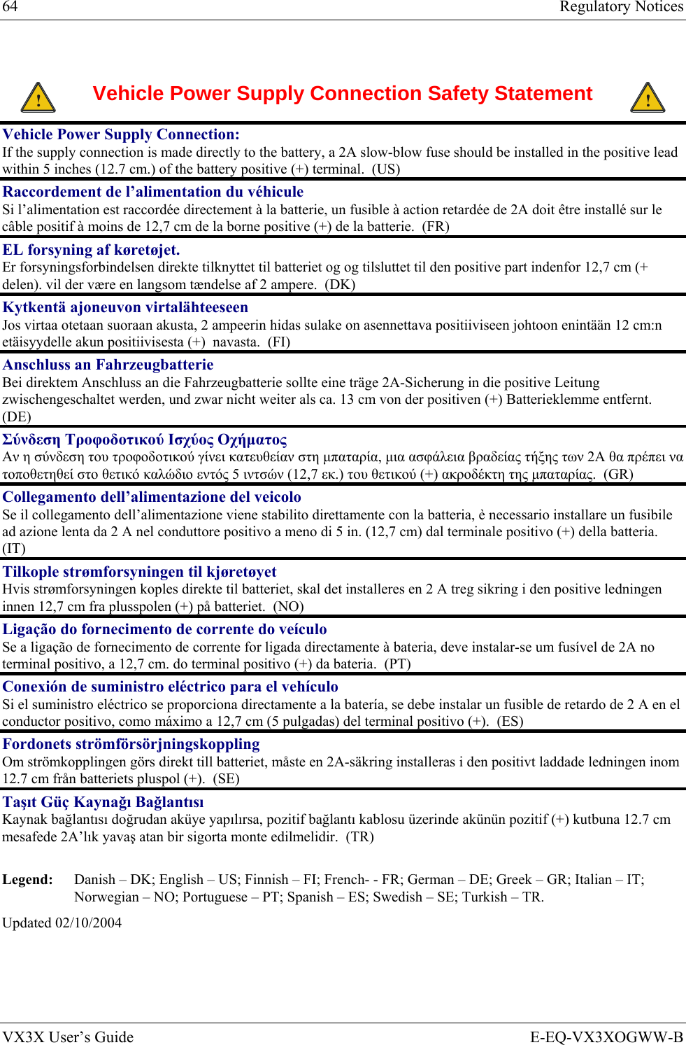 64  Regulatory Notices VX3X User’s Guide  E-EQ-VX3XOGWW-B  ! Vehicle Power Supply Connection Safety Statement ! Vehicle Power Supply Connection:  If the supply connection is made directly to the battery, a 2A slow-blow fuse should be installed in the positive lead within 5 inches (12.7 cm.) of the battery positive (+) terminal.  (US) Raccordement de l’alimentation du véhicule Si l’alimentation est raccordée directement à la batterie, un fusible à action retardée de 2A doit être installé sur le câble positif à moins de 12,7 cm de la borne positive (+) de la batterie.  (FR) EL forsyning af køretøjet. Er forsyningsforbindelsen direkte tilknyttet til batteriet og og tilsluttet til den positive part indenfor 12,7 cm (+ delen). vil der være en langsom tændelse af 2 ampere.  (DK) Kytkentä ajoneuvon virtalähteeseen Jos virtaa otetaan suoraan akusta, 2 ampeerin hidas sulake on asennettava positiiviseen johtoon enintään 12 cm:n etäisyydelle akun positiivisesta (+)  navasta.  (FI) Anschluss an Fahrzeugbatterie Bei direktem Anschluss an die Fahrzeugbatterie sollte eine träge 2A-Sicherung in die positive Leitung zwischengeschaltet werden, und zwar nicht weiter als ca. 13 cm von der positiven (+) Batterieklemme entfernt.  (DE) Σύνδεση Τροφοδοτικού Ισχύος Οχήματος Αν η σύνδεση του τροφοδοτικού γίνει κατευθείαν στη μπαταρία, μια ασφάλεια βραδείας τήξης των 2A θα πρέπει να τοποθετηθεί στο θετικό καλώδιο εντός 5 ιντσών (12,7 εκ.) του θετικού (+) ακροδέκτη της μπαταρίας.  (GR) Collegamento dell’alimentazione del veicolo Se il collegamento dell’alimentazione viene stabilito direttamente con la batteria, è necessario installare un fusibile ad azione lenta da 2 A nel conduttore positivo a meno di 5 in. (12,7 cm) dal terminale positivo (+) della batteria.  (IT) Tilkople strømforsyningen til kjøretøyet Hvis strømforsyningen koples direkte til batteriet, skal det installeres en 2 A treg sikring i den positive ledningen innen 12,7 cm fra plusspolen (+) på batteriet.  (NO) Ligação do fornecimento de corrente do veículo Se a ligação de fornecimento de corrente for ligada directamente à bateria, deve instalar-se um fusível de 2A no terminal positivo, a 12,7 cm. do terminal positivo (+) da bateria.  (PT) Conexión de suministro eléctrico para el vehículo Si el suministro eléctrico se proporciona directamente a la batería, se debe instalar un fusible de retardo de 2 A en el conductor positivo, como máximo a 12,7 cm (5 pulgadas) del terminal positivo (+).  (ES) Fordonets strömförsörjningskoppling Om strömkopplingen görs direkt till batteriet, måste en 2A-säkring installeras i den positivt laddade ledningen inom 12.7 cm från batteriets pluspol (+).  (SE) Taşıt Güç Kaynağı Bağlantısı Kaynak bağlantısı doğrudan aküye yapılırsa, pozitif bağlantı kablosu üzerinde akünün pozitif (+) kutbuna 12.7 cm mesafede 2A’lık yavaş atan bir sigorta monte edilmelidir.  (TR)  Legend:  Danish – DK; English – US; Finnish – FI; French- - FR; German – DE; Greek – GR; Italian – IT; Norwegian – NO; Portuguese – PT; Spanish – ES; Swedish – SE; Turkish – TR. Updated 02/10/2004  