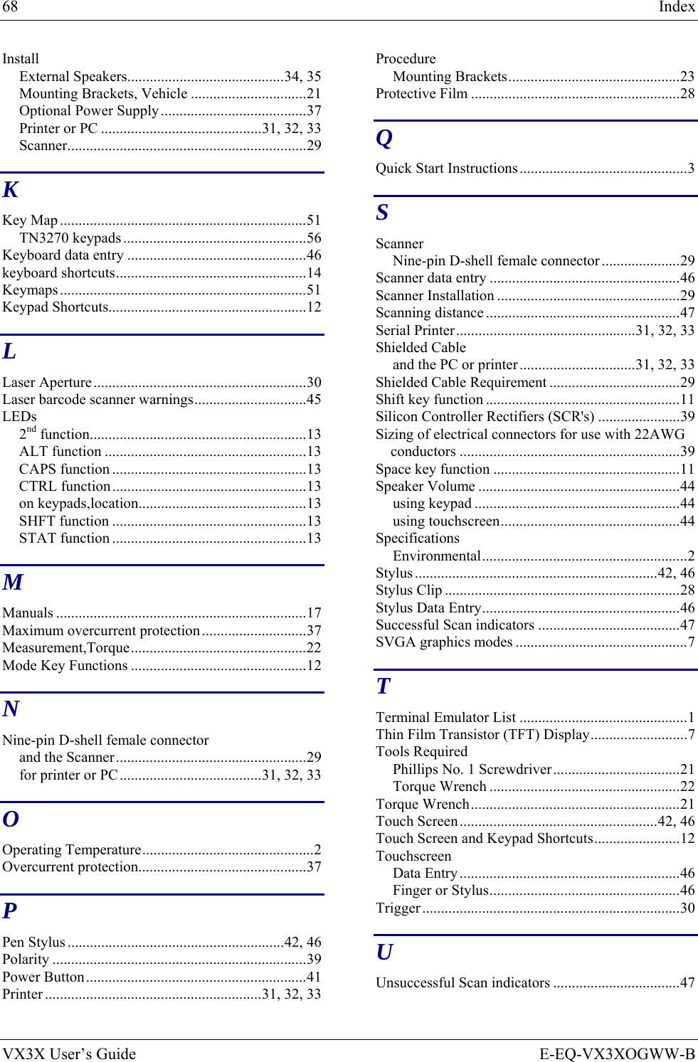 68  Index VX3X User’s Guide  E-EQ-VX3XOGWW-B Install External Speakers..........................................34, 35 Mounting Brackets, Vehicle ...............................21 Optional Power Supply.......................................37 Printer or PC ...........................................31, 32, 33 Scanner................................................................29 K Key Map ..................................................................51 TN3270 keypads .................................................56 Keyboard data entry ................................................46 keyboard shortcuts...................................................14 Keymaps..................................................................51 Keypad Shortcuts.....................................................12 L Laser Aperture.........................................................30 Laser barcode scanner warnings..............................45 LEDs 2nd function..........................................................13 ALT function ......................................................13 CAPS function ....................................................13 CTRL function....................................................13 on keypads,location.............................................13 SHFT function ....................................................13 STAT function ....................................................13 M Manuals ...................................................................17 Maximum overcurrent protection............................37 Measurement,Torque...............................................22 Mode Key Functions ...............................................12 N Nine-pin D-shell female connector and the Scanner...................................................29 for printer or PC......................................31, 32, 33 O Operating Temperature..............................................2 Overcurrent protection.............................................37 P Pen Stylus ..........................................................42, 46 Polarity ....................................................................39 Power Button...........................................................41 Printer ..........................................................31, 32, 33 Procedure Mounting Brackets..............................................23 Protective Film ........................................................28 Q Quick Start Instructions.............................................3 S Scanner Nine-pin D-shell female connector.....................29 Scanner data entry ...................................................46 Scanner Installation .................................................29 Scanning distance ....................................................47 Serial Printer................................................31, 32, 33 Shielded Cable and the PC or printer...............................31, 32, 33 Shielded Cable Requirement ...................................29 Shift key function ....................................................11 Silicon Controller Rectifiers (SCR&apos;s) ......................39 Sizing of electrical connectors for use with 22AWG conductors ...........................................................39 Space key function ..................................................11 Speaker Volume ......................................................44 using keypad .......................................................44 using touchscreen................................................44 Specifications Environmental.......................................................2 Stylus .................................................................42, 46 Stylus Clip ...............................................................28 Stylus Data Entry.....................................................46 Successful Scan indicators ......................................47 SVGA graphics modes ..............................................7 T Terminal Emulator List .............................................1 Thin Film Transistor (TFT) Display..........................7 Tools Required Phillips No. 1 Screwdriver..................................21 Torque Wrench ...................................................22 Torque Wrench........................................................21 Touch Screen.....................................................42, 46 Touch Screen and Keypad Shortcuts.......................12 Touchscreen Data Entry ...........................................................46 Finger or Stylus...................................................46 Trigger .....................................................................30 U Unsuccessful Scan indicators ..................................47 