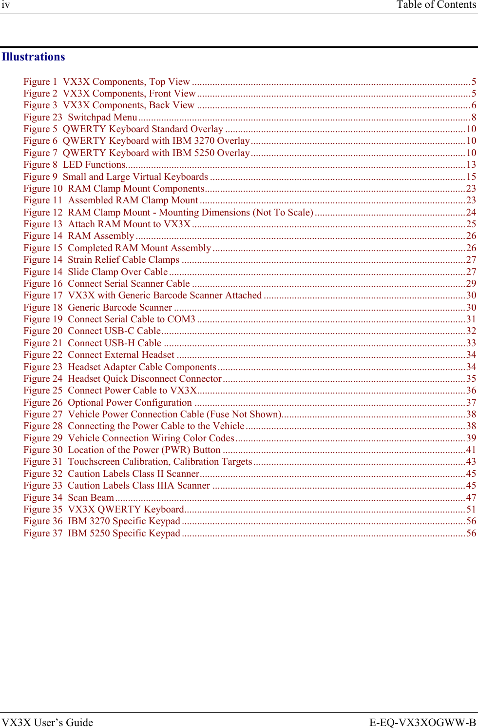 iv  Table of Contents VX3X User’s Guide  E-EQ-VX3XOGWW-B Illustrations Figure 1  VX3X Components, Top View .............................................................................................................5 Figure 2  VX3X Components, Front View...........................................................................................................5 Figure 3  VX3X Components, Back View ...........................................................................................................6 Figure 23  Switchpad Menu..................................................................................................................................8 Figure 5  QWERTY Keyboard Standard Overlay ..............................................................................................10 Figure 6  QWERTY Keyboard with IBM 3270 Overlay....................................................................................10 Figure 7  QWERTY Keyboard with IBM 5250 Overlay....................................................................................10 Figure 8  LED Functions.....................................................................................................................................13 Figure 9  Small and Large Virtual Keyboards ....................................................................................................15 Figure 10  RAM Clamp Mount Components......................................................................................................23 Figure 11  Assembled RAM Clamp Mount ........................................................................................................23 Figure 12  RAM Clamp Mount - Mounting Dimensions (Not To Scale) ...........................................................24 Figure 13  Attach RAM Mount to VX3X...........................................................................................................25 Figure 14  RAM Assembly .................................................................................................................................26 Figure 15  Completed RAM Mount Assembly ...................................................................................................26 Figure 14  Strain Relief Cable Clamps ...............................................................................................................27 Figure 14  Slide Clamp Over Cable....................................................................................................................27 Figure 16  Connect Serial Scanner Cable ...........................................................................................................29 Figure 17  VX3X with Generic Barcode Scanner Attached ...............................................................................30 Figure 18  Generic Barcode Scanner ..................................................................................................................30 Figure 19  Connect Serial Cable to COM3 .........................................................................................................31 Figure 20  Connect USB-C Cable.......................................................................................................................32 Figure 21  Connect USB-H Cable ......................................................................................................................33 Figure 22  Connect External Headset .................................................................................................................34 Figure 23  Headset Adapter Cable Components.................................................................................................34 Figure 24  Headset Quick Disconnect Connector...............................................................................................35 Figure 25  Connect Power Cable to VX3X.........................................................................................................36 Figure 26  Optional Power Configuration ..........................................................................................................37 Figure 27  Vehicle Power Connection Cable (Fuse Not Shown)........................................................................38 Figure 28  Connecting the Power Cable to the Vehicle......................................................................................38 Figure 29  Vehicle Connection Wiring Color Codes..........................................................................................39 Figure 30  Location of the Power (PWR) Button ...............................................................................................41 Figure 31  Touchscreen Calibration, Calibration Targets...................................................................................43 Figure 32  Caution Labels Class II Scanner........................................................................................................45 Figure 33  Caution Labels Class IIIA Scanner ...................................................................................................45 Figure 34  Scan Beam.........................................................................................................................................47 Figure 35  VX3X QWERTY Keyboard..............................................................................................................51 Figure 36  IBM 3270 Specific Keypad ...............................................................................................................56 Figure 37  IBM 5250 Specific Keypad ...............................................................................................................56      