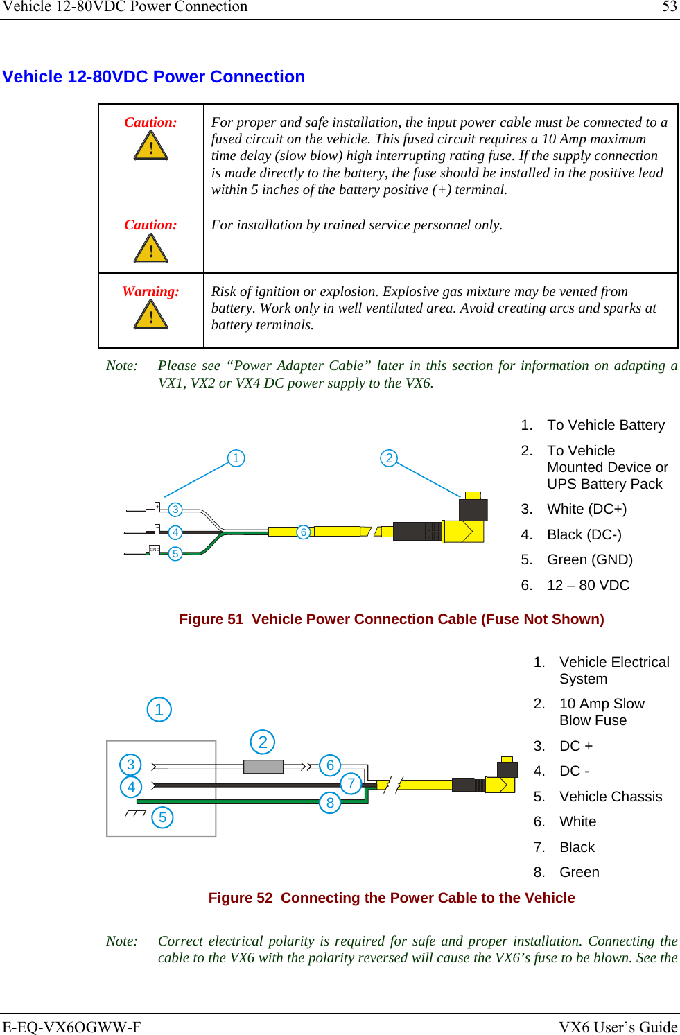 Vehicle 12-80VDC Power Connection  53 E-EQ-VX6OGWW-F  VX6 User’s Guide Vehicle 12-80VDC Power Connection Caution: ! For proper and safe installation, the input power cable must be connected to a fused circuit on the vehicle. This fused circuit requires a 10 Amp maximum time delay (slow blow) high interrupting rating fuse. If the supply connection is made directly to the battery, the fuse should be installed in the positive lead within 5 inches of the battery positive (+) terminal. Caution: ! For installation by trained service personnel only. Warning: ! Risk of ignition or explosion. Explosive gas mixture may be vented from battery. Work only in well ventilated area. Avoid creating arcs and sparks at battery terminals. Note:  Please see “Power Adapter Cable” later in this section for information on adapting a VX1, VX2 or VX4 DC power supply to the VX6. GND+-34561 2 1.  To Vehicle Battery 2. To Vehicle Mounted Device or UPS Battery Pack 3. White (DC+) 4. Black (DC-) 5. Green (GND) 6.  12 – 80 VDC Figure 51  Vehicle Power Connection Cable (Fuse Not Shown) 54321678 1.   Vehicle Electrical System 2.   10 Amp Slow Blow Fuse 3.   DC + 4.   DC - 5.   Vehicle Chassis 6.   White 7.   Black 8.   Green Figure 52  Connecting the Power Cable to the Vehicle Note:  Correct electrical polarity is required for safe and proper installation. Connecting the cable to the VX6 with the polarity reversed will cause the VX6’s fuse to be blown. See the 