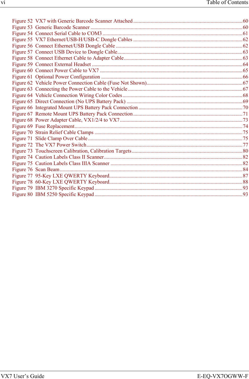 vi  Table of Contents VX7 User’s Guide  E-EQ-VX7OGWW-F Figure 52  VX7 with Generic Barcode Scanner Attached ..................................................................................60 Figure 53  Generic Barcode Scanner ..................................................................................................................60 Figure 54  Connect Serial Cable to COM3 .........................................................................................................61 Figure 55  VX7 Ethernet/USB-H/USB-C Dongle Cables ..................................................................................62 Figure 56  Connect Ethernet/USB Dongle Cable ...............................................................................................62 Figure 57  Connect USB Device to Dongle Cable..............................................................................................63 Figure 58  Connect Ethernet Cable to Adapter Cable.........................................................................................63 Figure 59  Connect External Headset .................................................................................................................64 Figure 60  Connect Power Cable to VX7 ...........................................................................................................65 Figure 61  Optional Power Configuration ..........................................................................................................66 Figure 62  Vehicle Power Connection Cable (Fuse Not Shown)........................................................................67 Figure 63  Connecting the Power Cable to the Vehicle......................................................................................67 Figure 64  Vehicle Connection Wiring Color Codes..........................................................................................68 Figure 65  Direct Connection (No UPS Battery Pack) .......................................................................................69 Figure 66  Integrated Mount UPS Battery Pack Connection ..............................................................................70 Figure 67  Remote Mount UPS Battery Pack Connection ..................................................................................71 Figure 68  Power Adapter Cable, VX1/2/4 to VX7............................................................................................73 Figure 69  Fuse Replacement..............................................................................................................................74 Figure 70  Strain Relief Cable Clamps ...............................................................................................................75 Figure 71  Slide Clamp Over Cable....................................................................................................................75 Figure 72  The VX7 Power Switch.....................................................................................................................77 Figure 73  Touchscreen Calibration, Calibration Targets...................................................................................80 Figure 74  Caution Labels Class II Scanner........................................................................................................82 Figure 75  Caution Labels Class IIIA Scanner ...................................................................................................82 Figure 76  Scan Beam.........................................................................................................................................84 Figure 77  95-Key LXE QWERTY Keyboard....................................................................................................87 Figure 78  60-Key LXE QWERTY Keyboard....................................................................................................88 Figure 79  IBM 3270 Specific Keypad ...............................................................................................................93 Figure 80  IBM 5250 Specific Keypad ...............................................................................................................93       