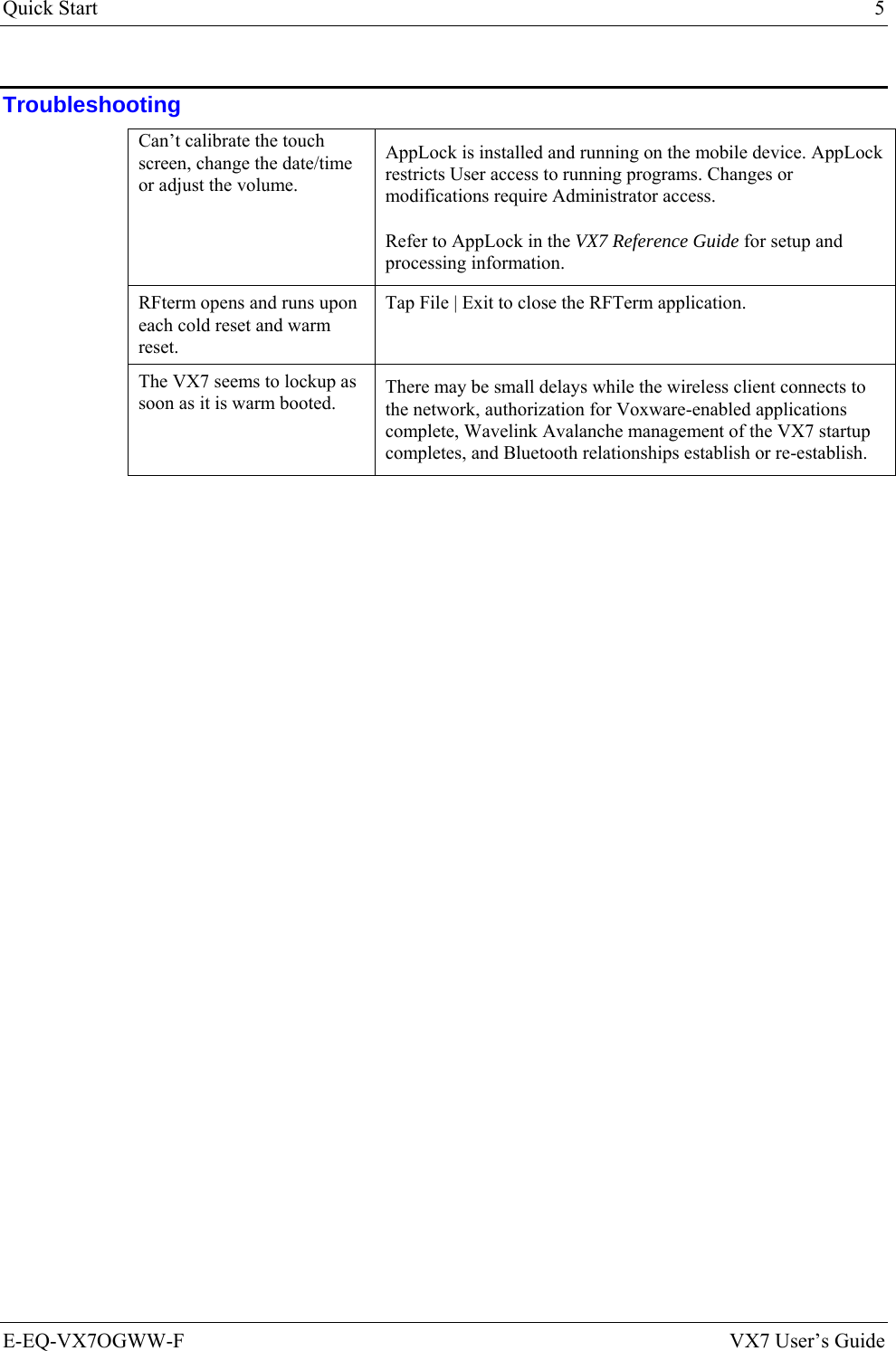 Quick Start  5 E-EQ-VX7OGWW-F  VX7 User’s Guide Troubleshooting Can’t calibrate the touch screen, change the date/time or adjust the volume. AppLock is installed and running on the mobile device. AppLock restricts User access to running programs. Changes or modifications require Administrator access. Refer to AppLock in the VX7 Reference Guide for setup and processing information. RFterm opens and runs upon each cold reset and warm reset. Tap File | Exit to close the RFTerm application. The VX7 seems to lockup as soon as it is warm booted.  There may be small delays while the wireless client connects to the network, authorization for Voxware-enabled applications complete, Wavelink Avalanche management of the VX7 startup completes, and Bluetooth relationships establish or re-establish.  