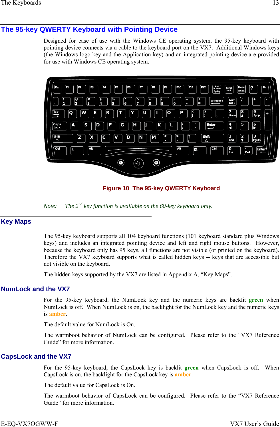 The Keyboards  13 E-EQ-VX7OGWW-F  VX7 User’s Guide The 95-key QWERTY Keyboard with Pointing Device Designed for ease of use with the Windows CE operating system, the 95-key keyboard with pointing device connects via a cable to the keyboard port on the VX7.  Additional Windows keys (the Windows logo key and the Application key) and an integrated pointing device are provided for use with Windows CE operating system. Esc F2 F3 F4 F5 F6 F7 F8 F9 F10 F11 F12PrintScreenSysRq ScrollLock PauseBreakFn`1234567890-=BackSpaceNumLock/*-TabQWE R T Y U I OP[]\{}|7894561203Home PgUpCapsASDFGHJKL;&apos;:&quot;EnterCtrl AltXCVBNM,./&lt;&gt;?ShiftAlt Ctrl InsEnd PgDn+~!@#$%^&amp;*()_+LockShiftZLREnter.DelF1 Figure 10  The 95-key QWERTY Keyboard Note: The 2nd key function is available on the 60-key keyboard only. Key Maps The 95-key keyboard supports all 104 keyboard functions (101 keyboard standard plus Windows keys) and includes an integrated pointing device and left and right mouse buttons.  However, because the keyboard only has 95 keys, all functions are not visible (or printed on the keyboard). Therefore the VX7 keyboard supports what is called hidden keys -- keys that are accessible but not visible on the keyboard. The hidden keys supported by the VX7 are listed in Appendix A, “Key Maps”. NumLock and the VX7 For the 95-key keyboard, the NumLock key and the numeric keys are backlit green when NumLock is off.  When NumLock is on, the backlight for the NumLock key and the numeric keys is amber. The default value for NumLock is On. The warmboot behavior of NumLock can be configured.  Please refer to the “VX7 Reference Guide” for more information. CapsLock and the VX7 For the 95-key keyboard, the CapsLock key is backlit green when CapsLock is off.  When CapsLock is on, the backlight for the CapsLock key is amber. The default value for CapsLock is On. The warmboot behavior of CapsLock can be configured.  Please refer to the “VX7 Reference Guide” for more information. 