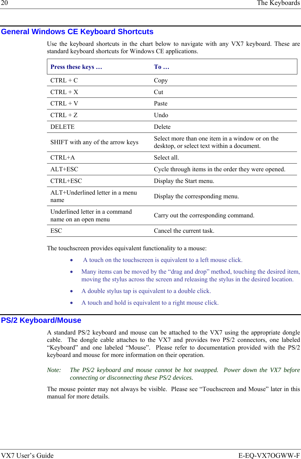 20  The Keyboards VX7 User’s Guide  E-EQ-VX7OGWW-F General Windows CE Keyboard Shortcuts Use the keyboard shortcuts in the chart below to navigate with any VX7 keyboard. These are standard keyboard shortcuts for Windows CE applications. Press these keys …   To … CTRL + C   Copy CTRL + X   Cut CTRL + V   Paste CTRL + Z   Undo DELETE   Delete SHIFT with any of the arrow keys   Select more than one item in a window or on the desktop, or select text within a document. CTRL+A   Select all. ALT+ESC   Cycle through items in the order they were opened. CTRL+ESC  Display the Start menu. ALT+Underlined letter in a menu name   Display the corresponding menu. Underlined letter in a command name on an open menu  Carry out the corresponding command. ESC   Cancel the current task. The touchscreen provides equivalent functionality to a mouse: •  A touch on the touchscreen is equivalent to a left mouse click. • Many items can be moved by the “drag and drop” method, touching the desired item, moving the stylus across the screen and releasing the stylus in the desired location. • A double stylus tap is equivalent to a double click. • A touch and hold is equivalent to a right mouse click. PS/2 Keyboard/Mouse A standard PS/2 keyboard and mouse can be attached to the VX7 using the appropriate dongle cable.  The dongle cable attaches to the VX7 and provides two PS/2 connectors, one labeled “Keyboard” and one labeled “Mouse”.  Please refer to documentation provided with the PS/2 keyboard and mouse for more information on their operation. Note:  The PS/2 keyboard and mouse cannot be hot swapped.  Power down the VX7 before connecting or disconnecting these PS/2 devices. The mouse pointer may not always be visible.  Please see “Touchscreen and Mouse” later in this manual for more details. 