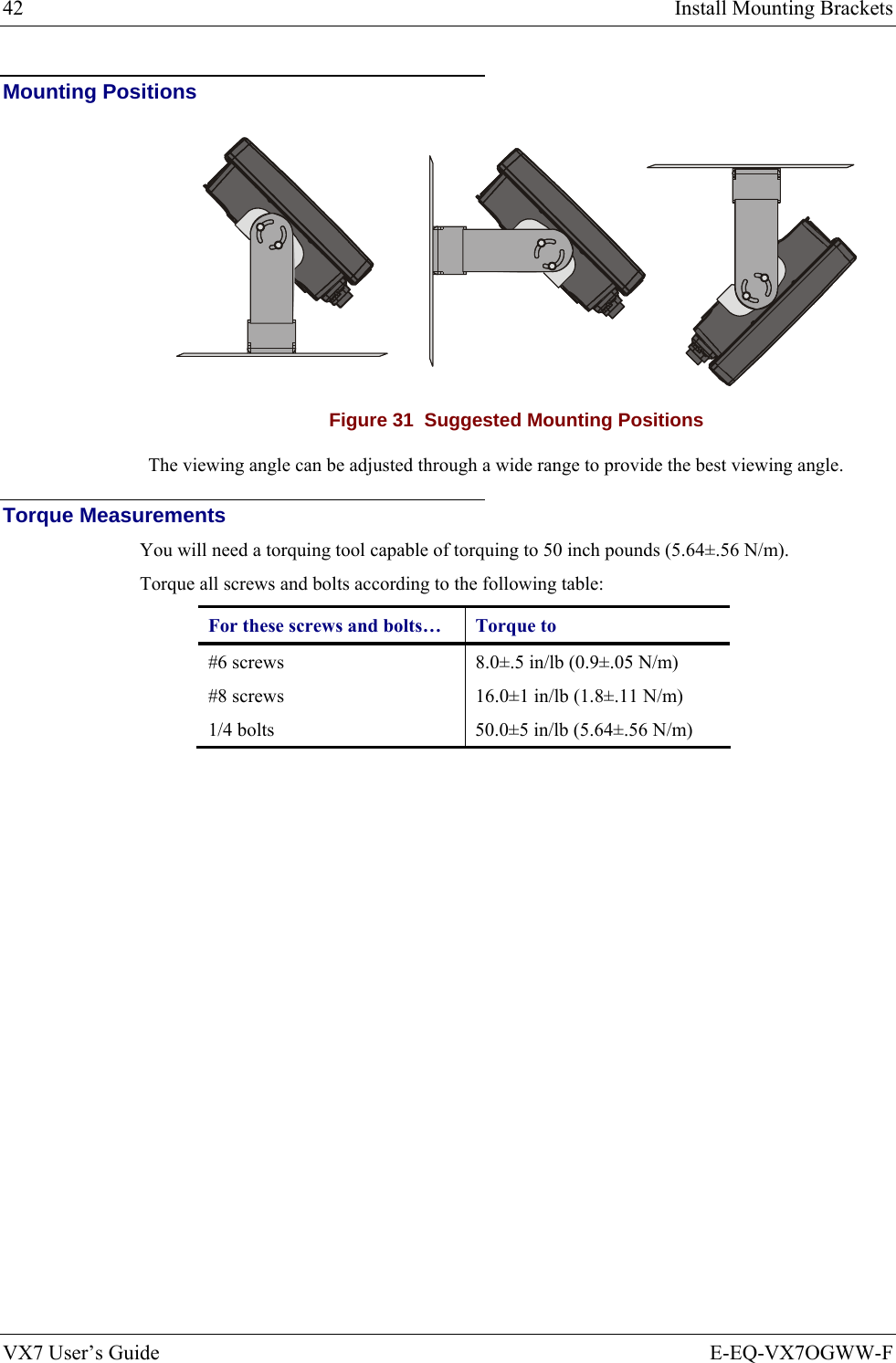 42  Install Mounting Brackets VX7 User’s Guide  E-EQ-VX7OGWW-F Mounting Positions  Figure 31  Suggested Mounting Positions The viewing angle can be adjusted through a wide range to provide the best viewing angle. Torque Measurements You will need a torquing tool capable of torquing to 50 inch pounds (5.64±.56 N/m). Torque all screws and bolts according to the following table: For these screws and bolts…  Torque to #6 screws  8.0±.5 in/lb (0.9±.05 N/m) #8 screws  16.0±1 in/lb (1.8±.11 N/m) 1/4 bolts  50.0±5 in/lb (5.64±.56 N/m)   