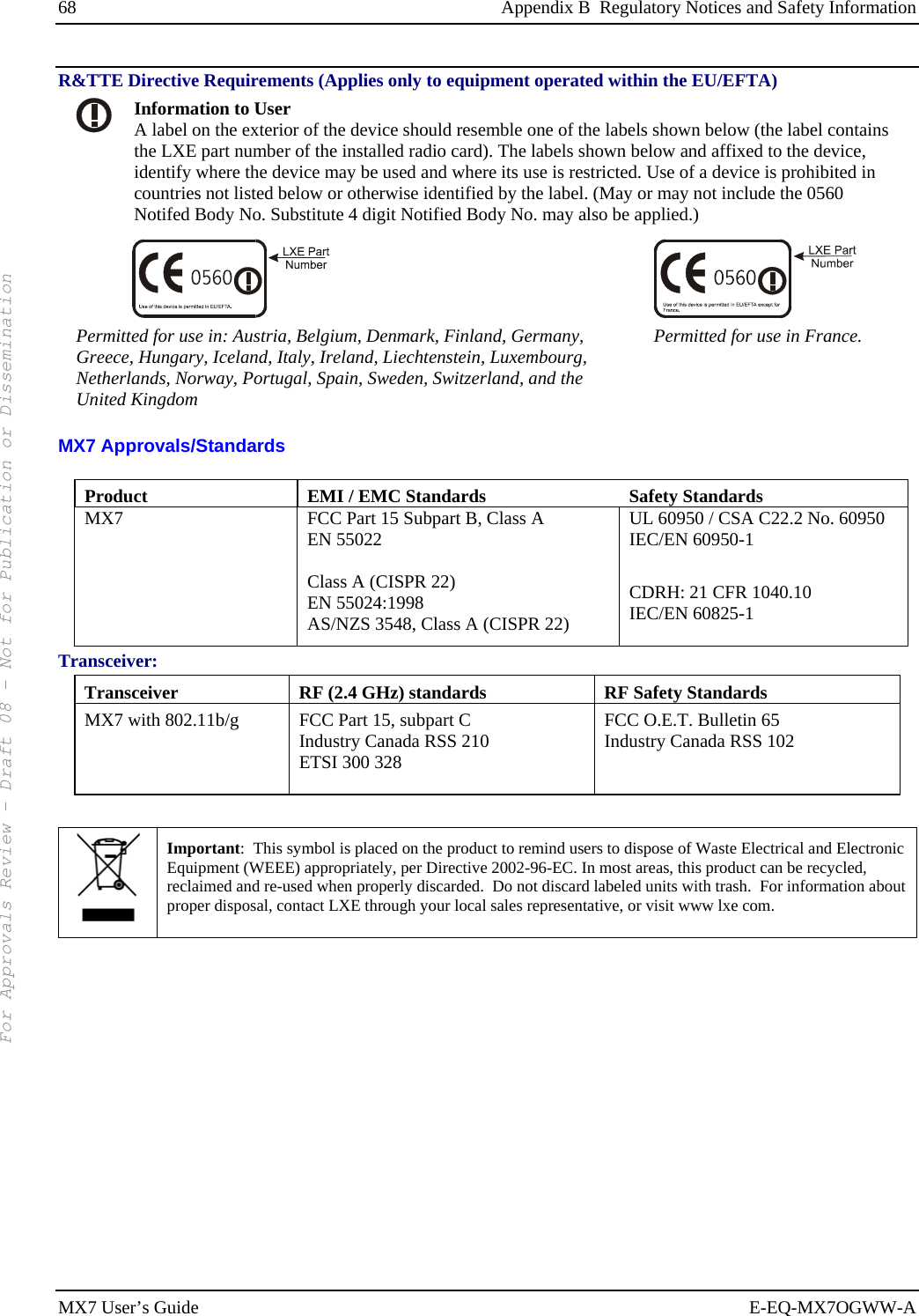 68  Appendix B  Regulatory Notices and Safety Information MX7 User’s Guide  E-EQ-MX7OGWW-A R&amp;TTE Directive Requirements (Applies only to equipment operated within the EU/EFTA)  Information to User A label on the exterior of the device should resemble one of the labels shown below (the label contains the LXE part number of the installed radio card). The labels shown below and affixed to the device, identify where the device may be used and where its use is restricted. Use of a device is prohibited in countries not listed below or otherwise identified by the label. (May or may not include the 0560 Notifed Body No. Substitute 4 digit Notified Body No. may also be applied.)   Permitted for use in: Austria, Belgium, Denmark, Finland, Germany, Greece, Hungary, Iceland, Italy, Ireland, Liechtenstein, Luxembourg, Netherlands, Norway, Portugal, Spain, Sweden, Switzerland, and the United Kingdom Permitted for use in France. MX7 Approvals/Standards  Product  EMI / EMC Standards   Safety Standards MX7  FCC Part 15 Subpart B, Class A EN 55022  Class A (CISPR 22) EN 55024:1998 AS/NZS 3548, Class A (CISPR 22) UL 60950 / CSA C22.2 No. 60950 IEC/EN 60950-1  CDRH: 21 CFR 1040.10 IEC/EN 60825-1 Transceiver: Transceiver  RF (2.4 GHz) standards  RF Safety Standards MX7 with 802.11b/g  FCC Part 15, subpart C Industry Canada RSS 210 ETSI 300 328  FCC O.E.T. Bulletin 65 Industry Canada RSS 102   Important:  This symbol is placed on the product to remind users to dispose of Waste Electrical and Electronic Equipment (WEEE) appropriately, per Directive 2002-96-EC. In most areas, this product can be recycled, reclaimed and re-used when properly discarded.  Do not discard labeled units with trash.  For information about proper disposal, contact LXE through your local sales representative, or visit www lxe com.  For Approvals Review - Draft 08 - Not for Publication or Dissemination
