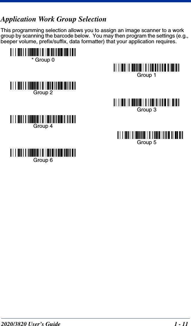 2020/3820 User’s Guide 1 - 11Application Work Group SelectionThis programming selection allows you to assign an image scanner to a work group by scanning the barcode below.  You may then program the settings (e.g., beeper volume, prefix/suffix, data formatter) that your application requires.* Group 0Group 1Group 2Group 4Group 6Group 3Group 5