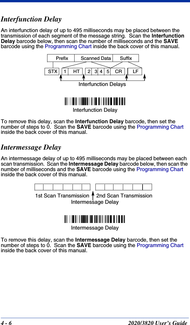 4 - 6 2020/3820 User’s GuideInterfunction DelayAn interfunction delay of up to 495 milliseconds may be placed between the transmission of each segment of the message string.  Scan the Interfunction Delay barcode below, then scan the number of milliseconds and the SAVE barcode using the Programming Chart inside the back cover of this manual.To remove this delay, scan the Interfunction Delay barcode, then set the number of steps to 0.  Scan the SAVE barcode using the Programming Chart inside the back cover of this manual.Intermessage DelayAn intermessage delay of up to 495 milliseconds may be placed between each scan transmission.  Scan the Intermessage Delay barcode below, then scan the number of milliseconds and the SAVE barcode using the Programming Chart inside the back cover of this manual.To remove this delay, scan the Intermessage Delay barcode, then set the number of steps to 0.  Scan the SAVE barcode using the Programming Chart inside the back cover of this manual.Interfunction DelaysPrefix Scanned Data Suffix12345STX HT CR LFInterfunction Delay2nd Scan Transmission1st Scan TransmissionIntermessage DelayIntermessage Delay