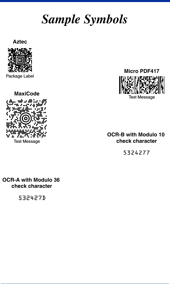  Sample SymbolsAztecMaxiCodeMicro PDF417Package LabelTest MessageTest MessageOCR-B with Modulo 10 check characterOCR-A with Modulo 36 check character