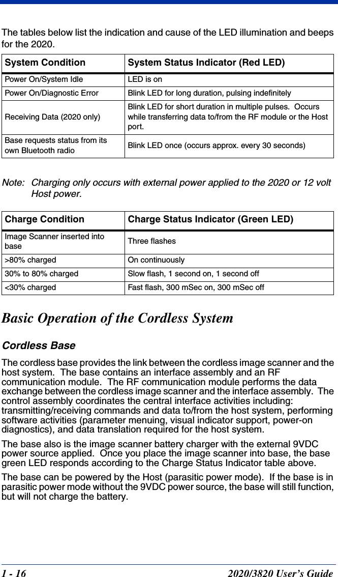 1 - 16 2020/3820 User’s GuideThe tables below list the indication and cause of the LED illumination and beeps for the 2020.Note: Charging only occurs with external power applied to the 2020 or 12 volt Host power.Basic Operation of the Cordless SystemCordless BaseThe cordless base provides the link between the cordless image scanner and the host system.  The base contains an interface assembly and an RF communication module.  The RF communication module performs the data exchange between the cordless image scanner and the interface assembly.  The control assembly coordinates the central interface activities including: transmitting/receiving commands and data to/from the host system, performing software activities (parameter menuing, visual indicator support, power-on diagnostics), and data translation required for the host system.The base also is the image scanner battery charger with the external 9VDC power source applied.  Once you place the image scanner into base, the base green LED responds according to the Charge Status Indicator table above.The base can be powered by the Host (parasitic power mode).  If the base is in parasitic power mode without the 9VDC power source, the base will still function, but will not charge the battery.System Condition System Status Indicator (Red LED)Power On/System Idle LED is onPower On/Diagnostic Error Blink LED for long duration, pulsing indefinitelyReceiving Data (2020 only)Blink LED for short duration in multiple pulses.  Occurs while transferring data to/from the RF module or the Host port.Base requests status from its own Bluetooth radio Blink LED once (occurs approx. every 30 seconds)Charge Condition Charge Status Indicator (Green LED)Image Scanner inserted into base Three flashes&gt;80% charged On continuously30% to 80% charged Slow flash, 1 second on, 1 second off&lt;30% charged Fast flash, 300 mSec on, 300 mSec off