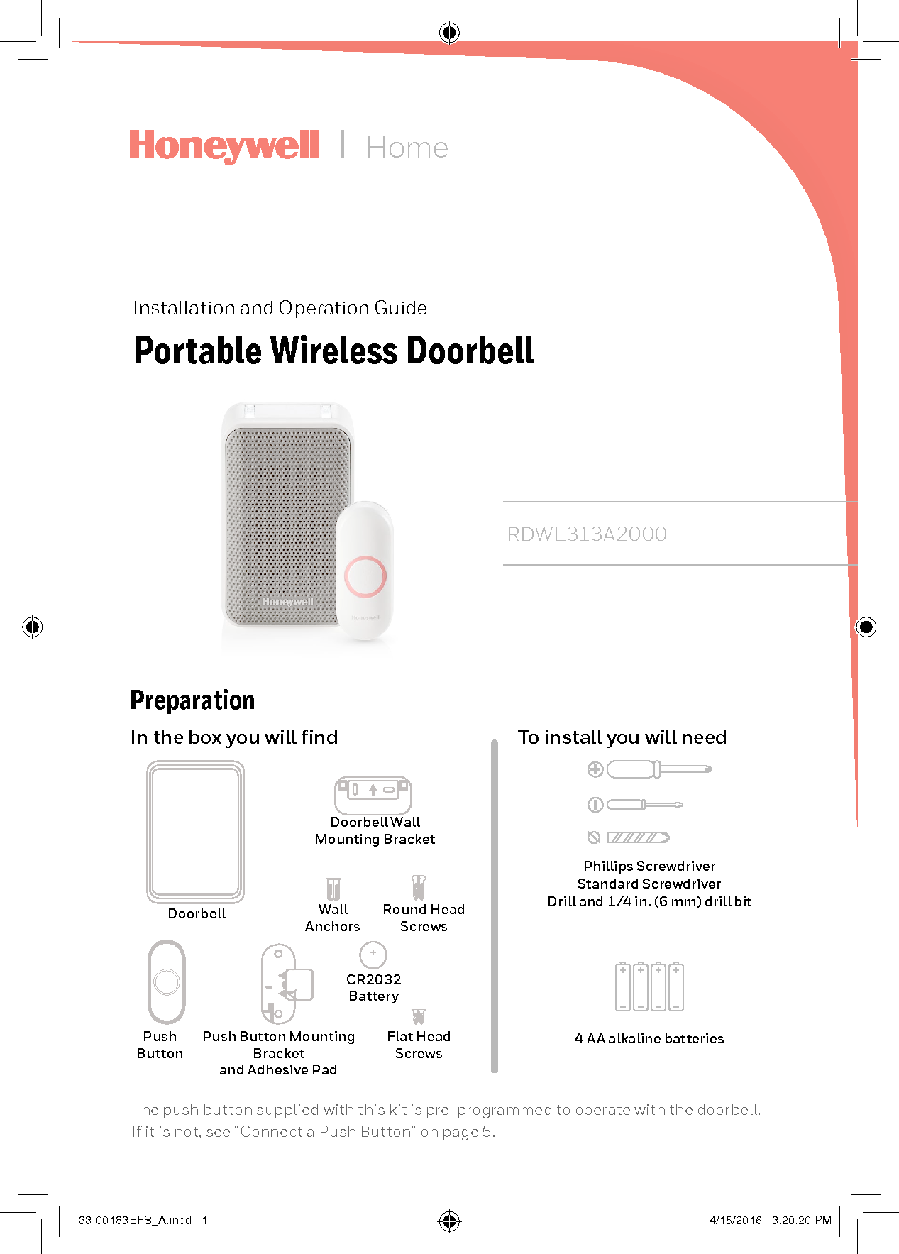 Honeywell RDWL313A Doorbell receiver User Manual