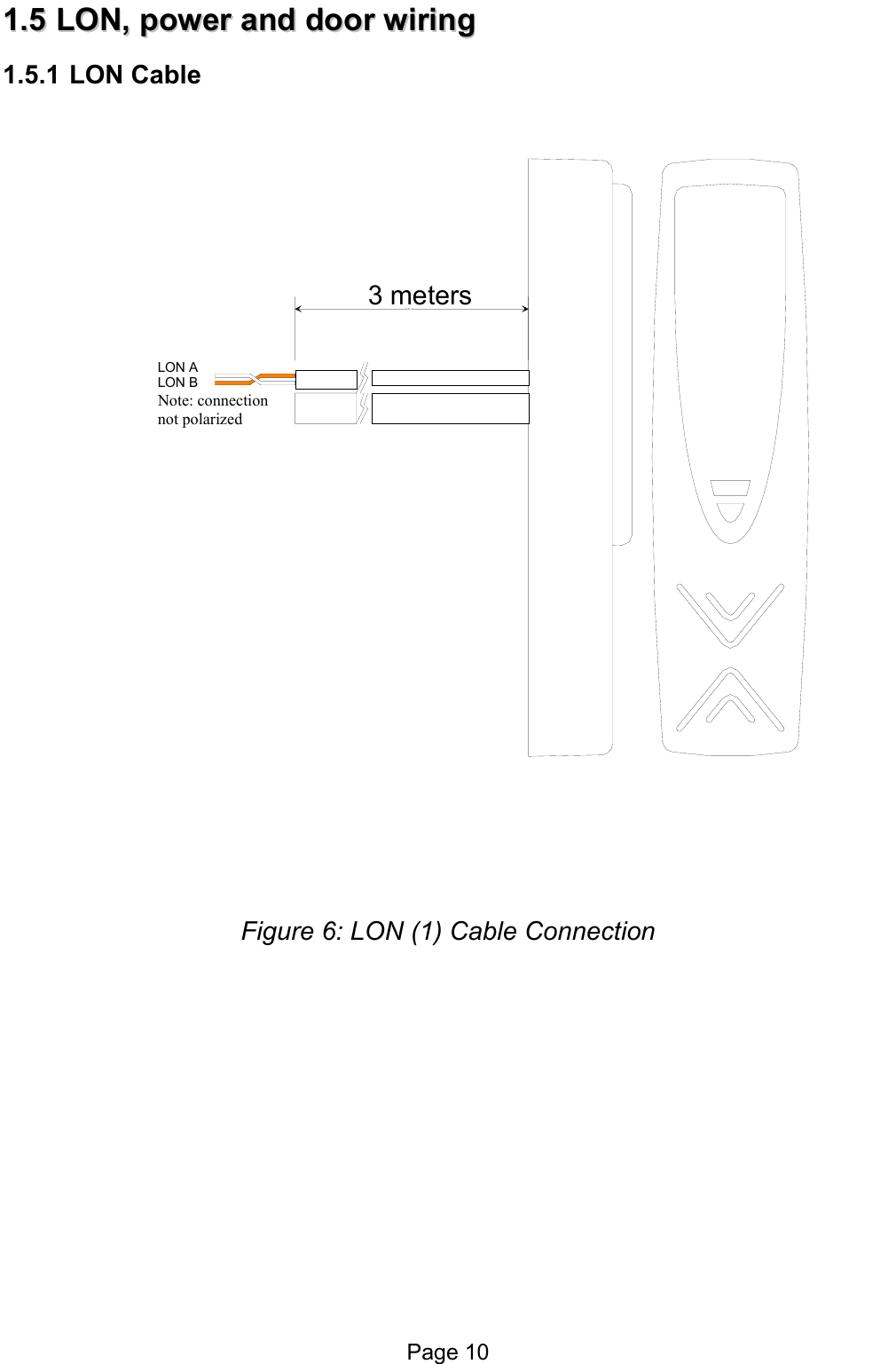  11..55  LLOONN,,  ppoowweerr  aanndd  ddoooorr  wwiirriinngg  1.5.1 LON Cable  6,10 cm3 metersLON ALON BNote: connection not polarized     Figure 6: LON (1) Cable Connection       Page 10 