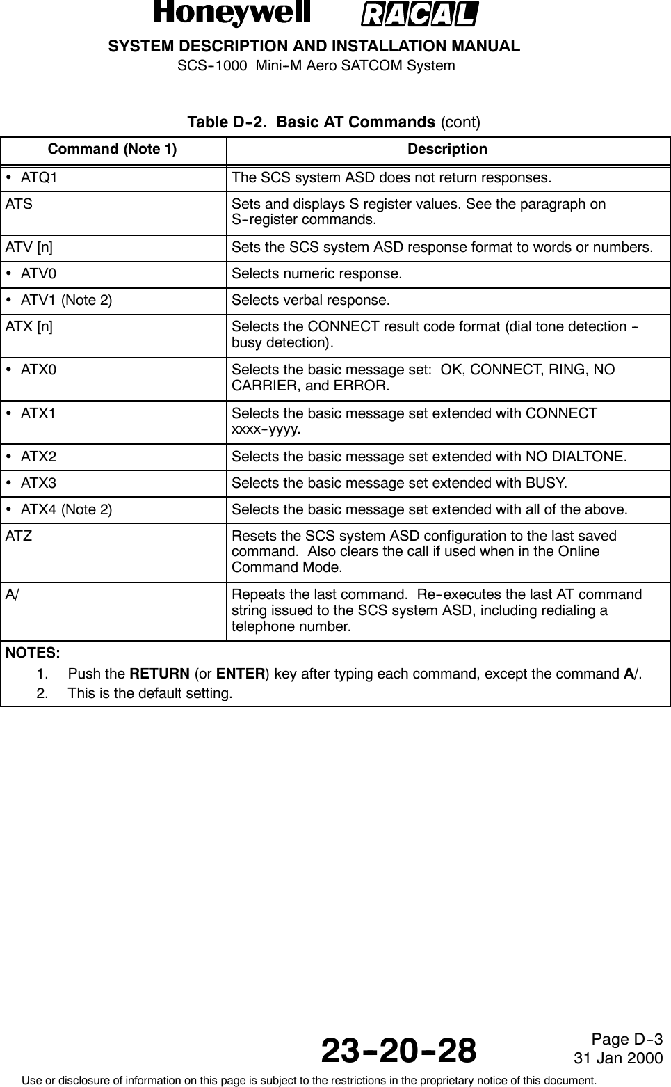 SYSTEM DESCRIPTION AND INSTALLATION MANUALSCS--1000 Mini--M Aero SATCOM System23--20--28Use or disclosure of information on this page is subject to the restrictions in the proprietary notice of this document.Page D--331 Jan 2000Table D--2. Basic AT Commands (cont)Command (Note 1) DescriptionATQ1 The SCS system ASD does not return responses.ATS Sets and displays S register values. See the paragraph onS--register commands.ATV [n] Sets the SCS system ASD response format to words or numbers.ATV0 Selects numeric response.ATV1 (Note 2) Selects verbal response.ATX [n] Selects the CONNECT result code format (dial tone detection --busy detection).ATX0 Selects the basic message set: OK, CONNECT, RING, NOCARRIER, and ERROR.ATX1 Selects the basic message set extended with CONNECTxxxx--yyyy.ATX2 Selects the basic message set extended with NO DIALTONE.ATX3 Selects the basic message set extended with BUSY.ATX4 (Note 2) Selects the basic message set extended with all of the above.ATZ Resets the SCS system ASD configuration to the last savedcommand. Also clears the call if used when in the OnlineCommand Mode.A/ Repeats the last command. Re--executes the last AT commandstring issued to the SCS system ASD, including redialing atelephone number.NOTES:1. Push the RETURN (or ENTER) key after typing each command, except the command A/.2. This is the default setting.