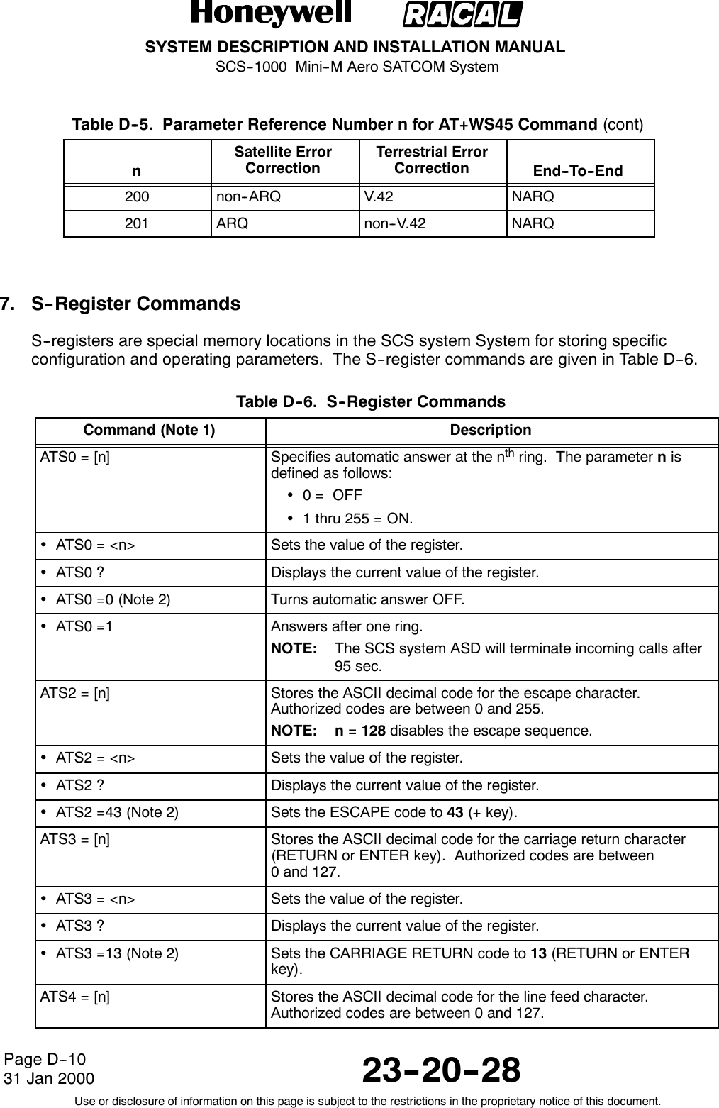 SYSTEM DESCRIPTION AND INSTALLATION MANUALSCS--1000 Mini--M Aero SATCOM System23--20--28Use or disclosure of information on this page is subject to the restrictions in the proprietary notice of this document.Page D--1031 Jan 2000Table D--5. Parameter Reference Number n for AT+WS45 Command (cont)n E n d -- T o -- E n dTerrestrial ErrorCorrectionSatellite ErrorCorrection200 non--ARQ V.42 NARQ201 ARQ non--V.42 NARQ7. S--Register CommandsS--registers are special memory locations in the SCS system System for storing specificconfiguration and operating parameters. The S--register commands are given in Table D--6.Table D--6. S--Register CommandsCommand (Note 1) DescriptionATS0 = [n] Specifies automatic answer at the nth ring. The parameter nisdefined as follows:0= OFF1 thru 255 = ON.ATS0 = &lt;n&gt; Sets the value of the register.ATS0 ? Displays the current value of the register.ATS0 =0 (Note 2) Turns automatic answer OFF.ATS0 =1 Answers after one ring.NOTE: The SCS system ASD will terminate incoming calls after95 sec.ATS2 = [n] Stores the ASCII decimal code for the escape character.Authorized codes are between 0 and 255.NOTE: n = 128 disables the escape sequence.ATS2 = &lt;n&gt; Sets the value of the register.ATS2 ? Displays the current value of the register.ATS2 =43 (Note 2) Sets the ESCAPE code to 43 (+ key).ATS3 = [n] Stores the ASCII decimal code for the carriage return character(RETURN or ENTER key). Authorized codes are between0 and 127.ATS3 = &lt;n&gt; Sets the value of the register.ATS3 ? Displays the current value of the register.ATS3 =13 (Note 2) Sets the CARRIAGE RETURN code to 13 (RETURN or ENTERkey).ATS4 = [n] Stores the ASCII decimal code for the line feed character.Authorized codes are between 0 and 127.