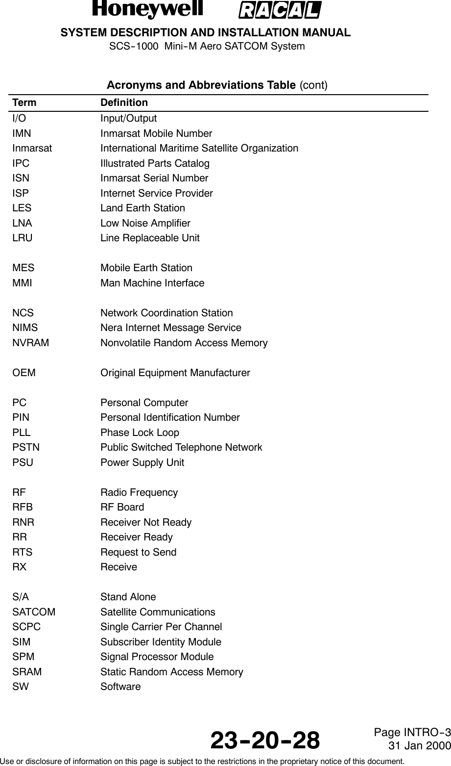 SYSTEM DESCRIPTION AND INSTALLATION MANUALSCS--1000 Mini--M Aero SATCOM System23--20--28Use or disclosure of information on this page is subject to the restrictions in the proprietary notice of this document.Page INTRO--331 Jan 2000Acronyms and Abbreviations Table (cont)Term DefinitionI/O Input/OutputIMN Inmarsat Mobile NumberInmarsat International Maritime Satellite OrganizationIPC Illustrated Parts CatalogISN Inmarsat Serial NumberISP Internet Service ProviderLES Land Earth StationLNA Low Noise AmplifierLRU Line Replaceable UnitMES Mobile Earth StationMMI Man Machine InterfaceNCS Network Coordination StationNIMS Nera Internet Message ServiceNVRAM Nonvolatile Random Access MemoryOEM Original Equipment ManufacturerPC Personal ComputerPIN Personal Identification NumberPLL Phase Lock LoopPSTN Public Switched Telephone NetworkPSU Power Supply UnitRF Radio FrequencyRFB RF BoardRNR Receiver Not ReadyRR Receiver ReadyRTS Request to SendRX ReceiveS/A Stand AloneSATCOM Satellite CommunicationsSCPC Single Carrier Per ChannelSIM Subscriber Identity ModuleSPM Signal Processor ModuleSRAM Static Random Access MemorySW Software